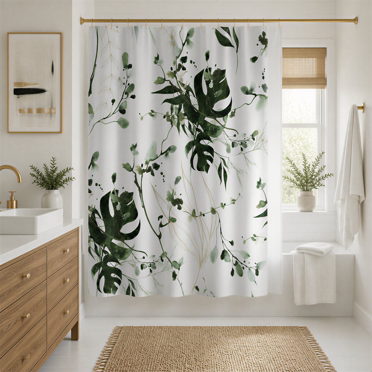 a bathroom with a shower curtain featuring a green leaf pattern. The bathroom is well-decorated with a wooden vanity, a rug, and potted plants.