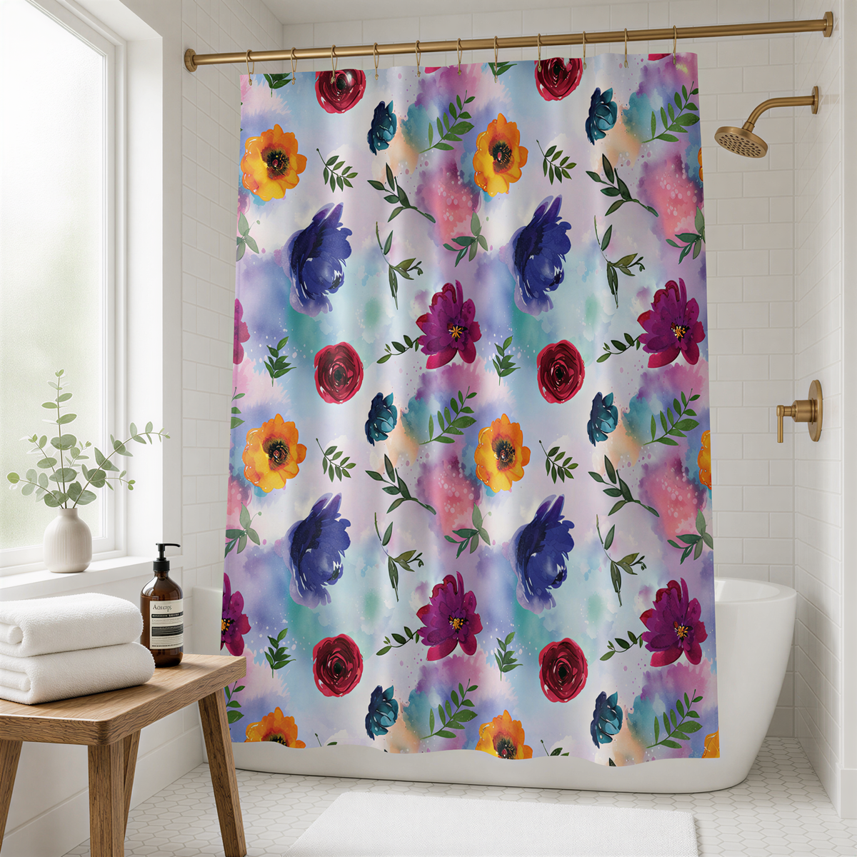 a bathroom with a colorful floral shower curtain hanging from a rod. The shower curtain has a repeating pattern of various flowers and leaves in different colors, creating a vibrant and lively atmosphere.