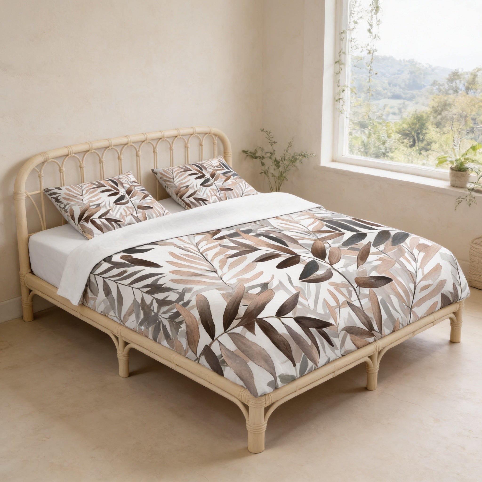 a bedroom with a bed featuring a leafy patterned comforter and pillows. The bed is positioned against a wall with a window, allowing natural light to enter the room.