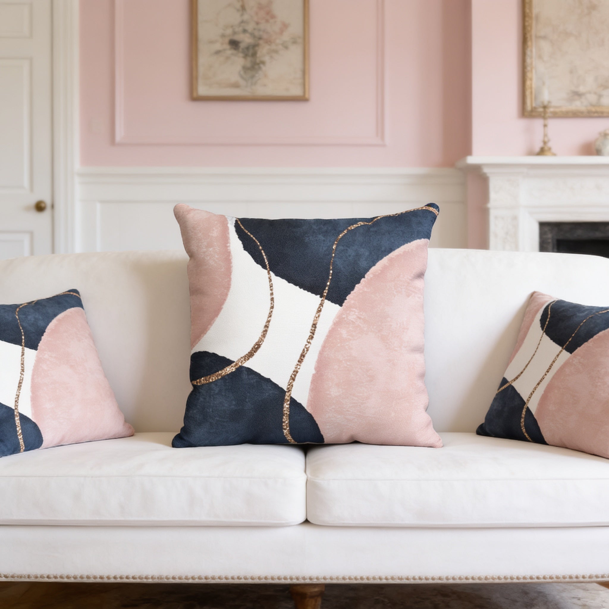 a white sofa with three decorative pillows on it. The pillows have a geometric design with a mix of pink, blue, and white colors, and they appear to be made of a shiny material. The pillows are placed on the sofa, creating a visually appealing and stylish arrangement.