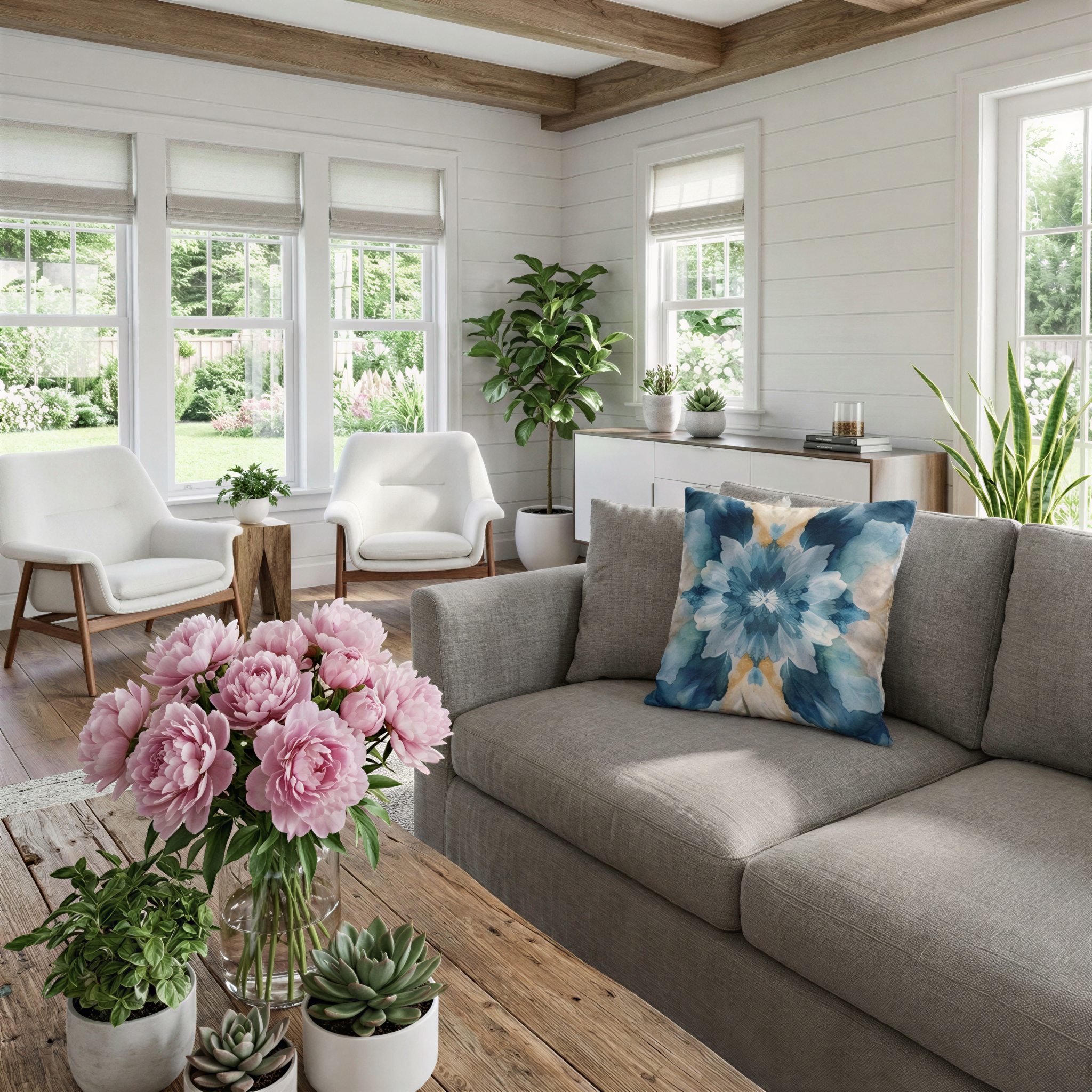 a cozy living room with a gray sofa, a wooden coffee table, and a vase of pink peonies. The room is filled with natural light from the large windows, and there are several potted plants and vases of flowers throughout the space, creating a warm and inviting atmosphere.