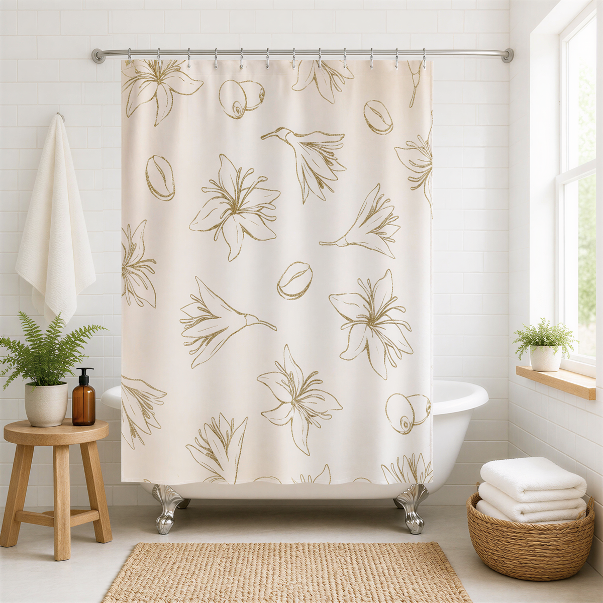 a bathroom with a shower curtain featuring a floral pattern in gold and white colors. The bathroom is well-decorated with a wooden stool, a round table, and a basket of towels. There are also potted plants and a bottle visible in the scene.