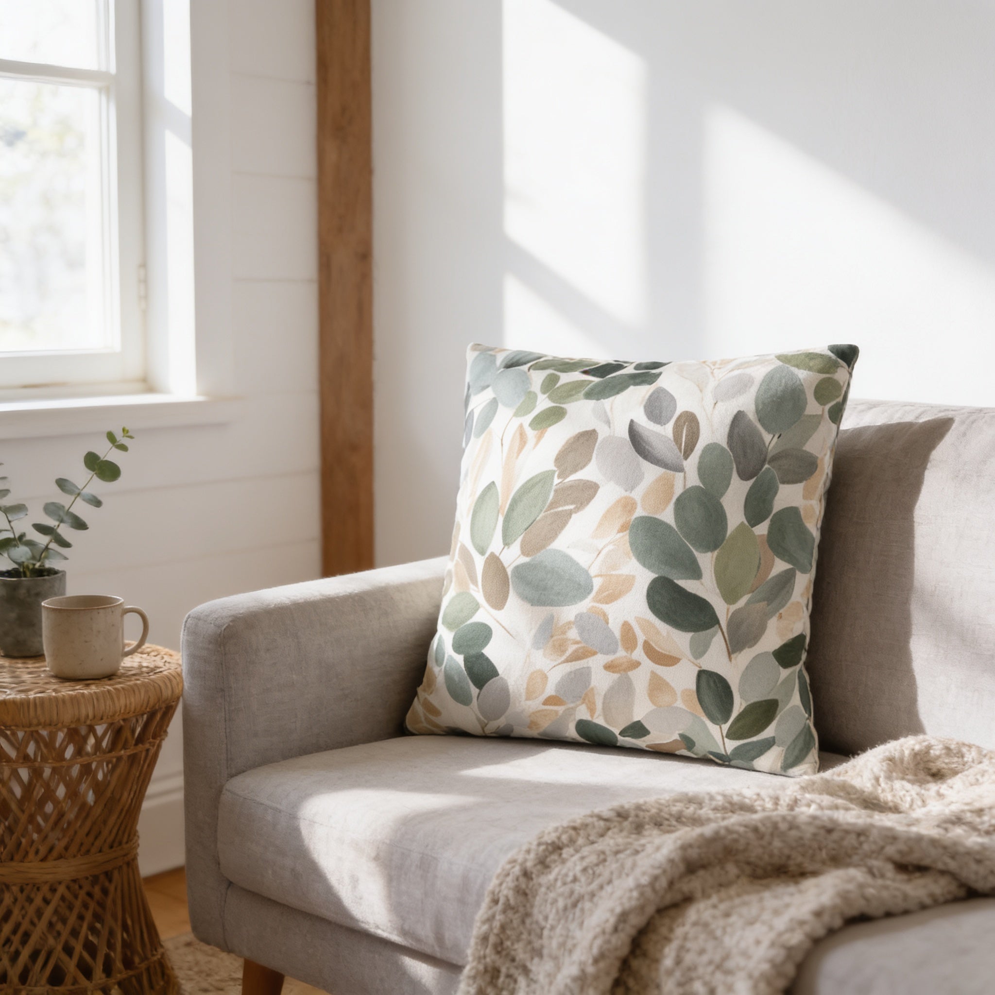 a cozy living room with a gray sofa adorned with a green and white leaf-patterned throw pillow. A woven side table holds a coffee mug and a small plant, adding a touch of greenery to the space. The room is bathed in natural light streaming in from a window, creating a warm and inviting atmosphere.