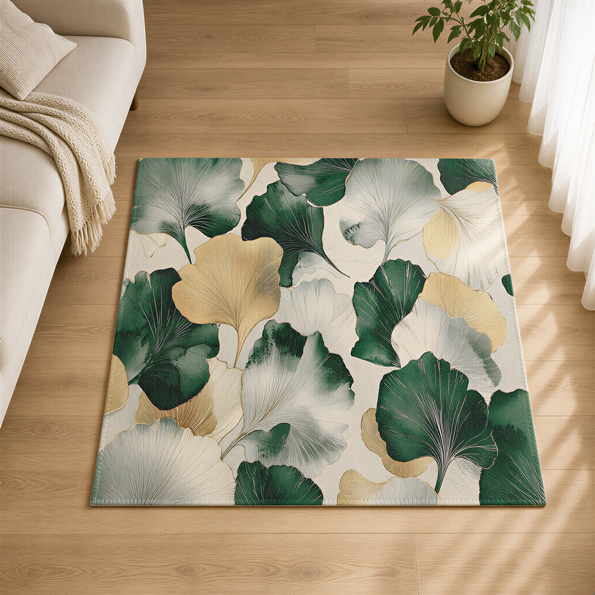 a large rug with a floral pattern in shades of green and white, placed on a wooden floor in a living room. There is a couch and a potted plant in the background, creating a cozy and inviting atmosphere.