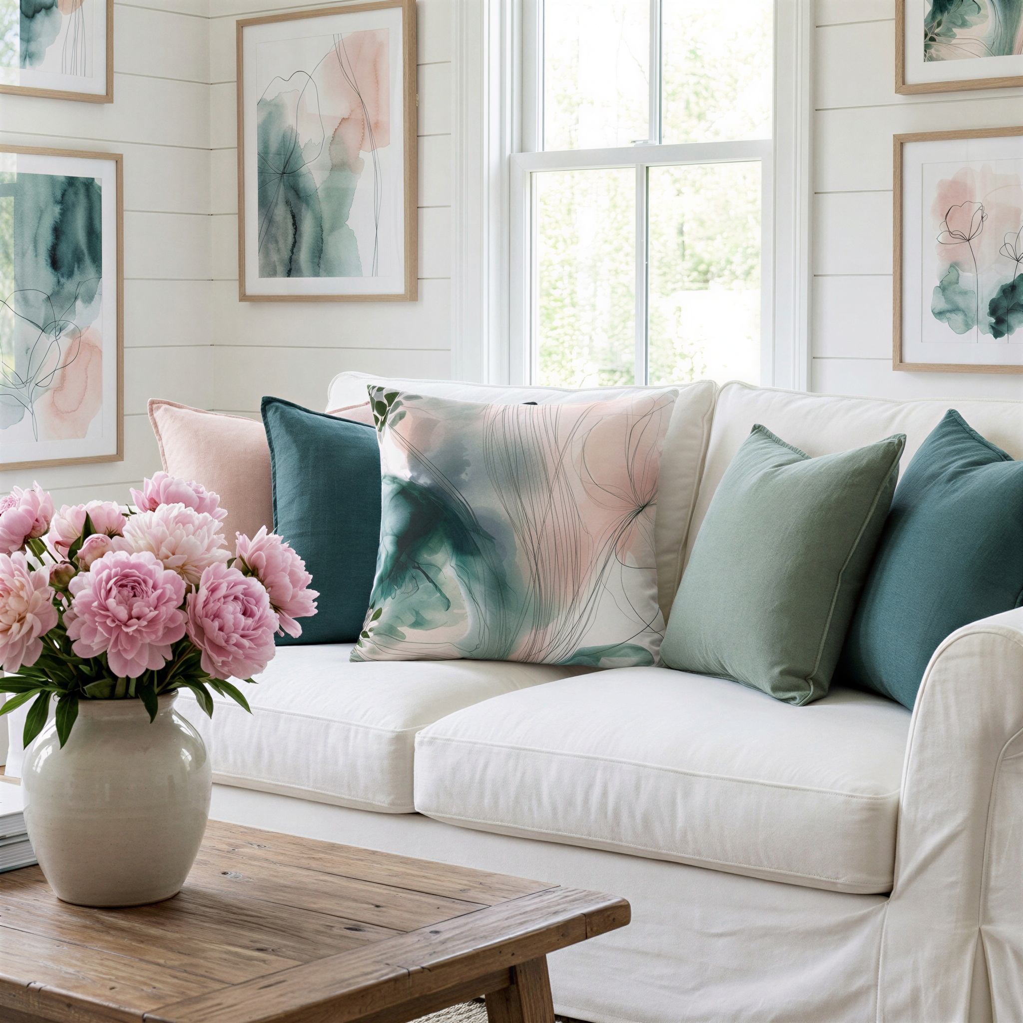 a cozy living room with a white sofa adorned with colorful throw pillows, a wooden coffee table, and a vase of pink peonies. The room is decorated with framed artworks on the walls, and a window allows natural light to enter the space.