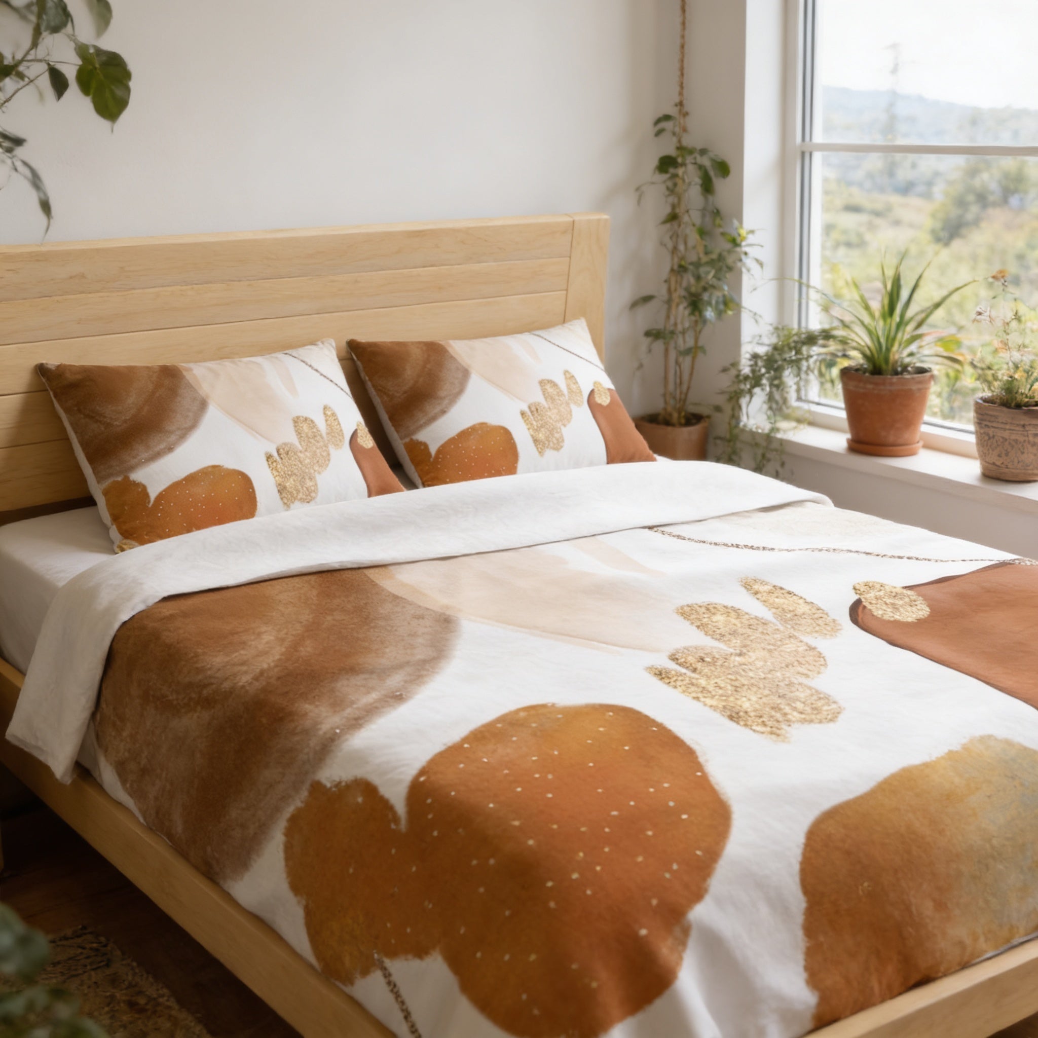 a cozy bedroom with a wooden bed frame, a white comforter with a pattern of brown and orange shapes, and two matching pillows. The room is decorated with potted plants and a large window, creating a serene and inviting atmosphere.