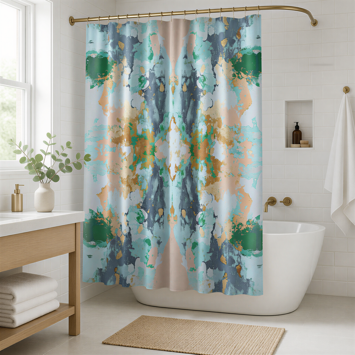 a bathroom with a white bathtub, a shower curtain with a colorful abstract design, and a wooden vanity with a plant on top.