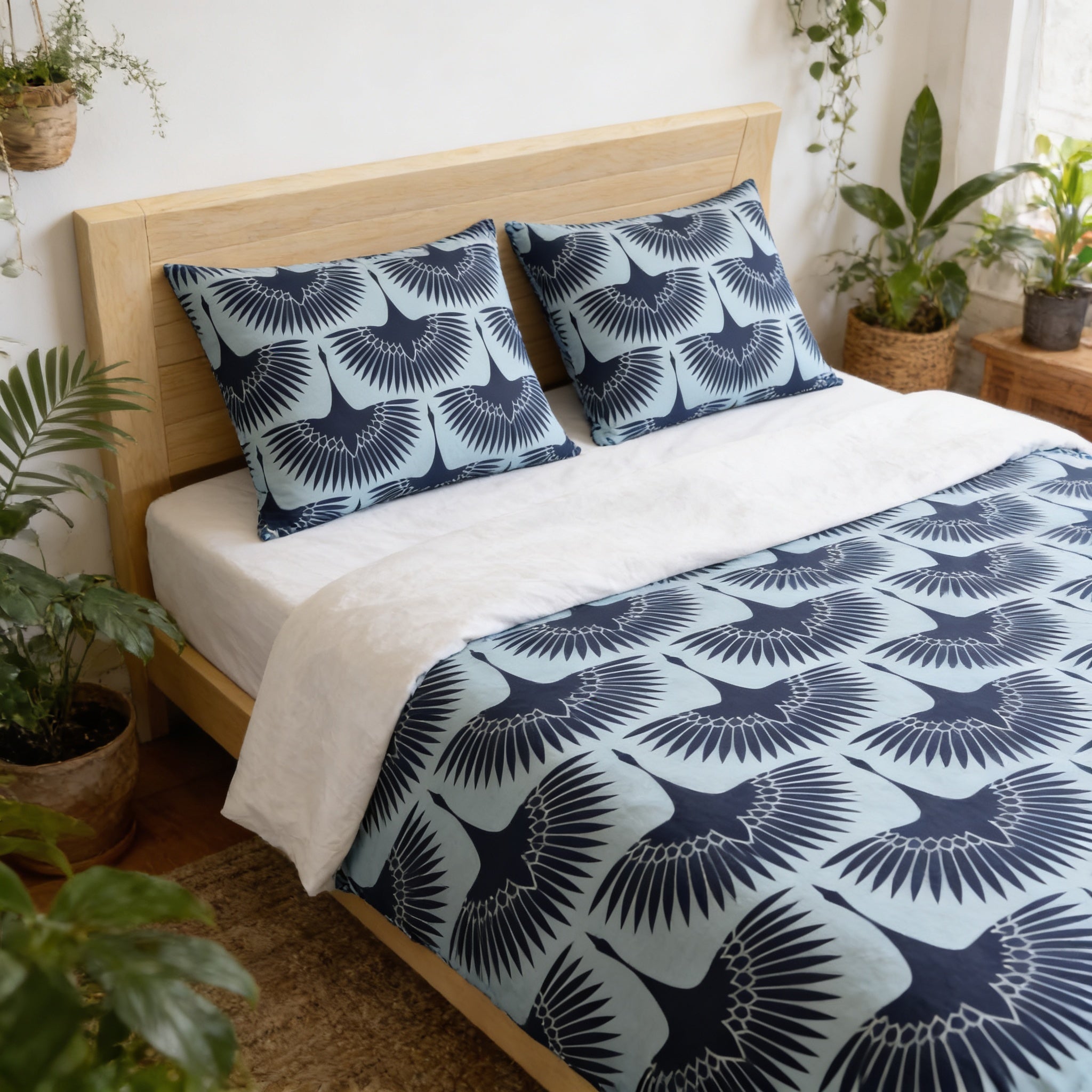 a bedroom with a bed featuring a blue and white patterned comforter and pillows. The bed is surrounded by potted plants, creating a cozy and natural atmosphere.