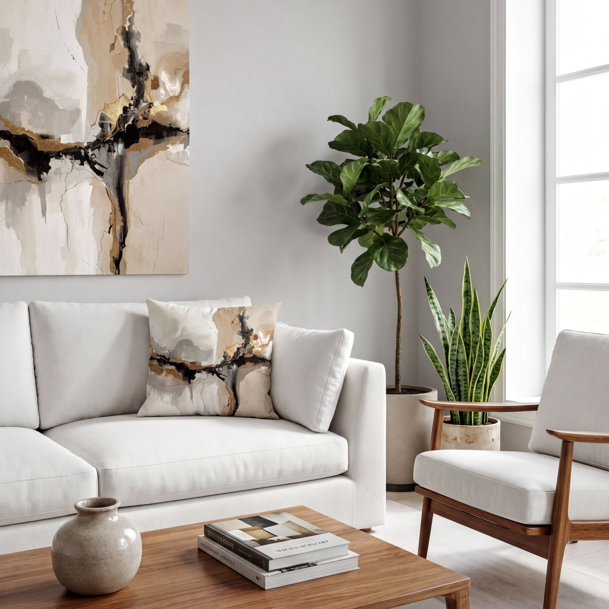a modern living room with a white sofa, a wooden coffee table, and a large abstract painting on the wall. The room is decorated with potted plants and a vase, creating a serene and inviting atmosphere.