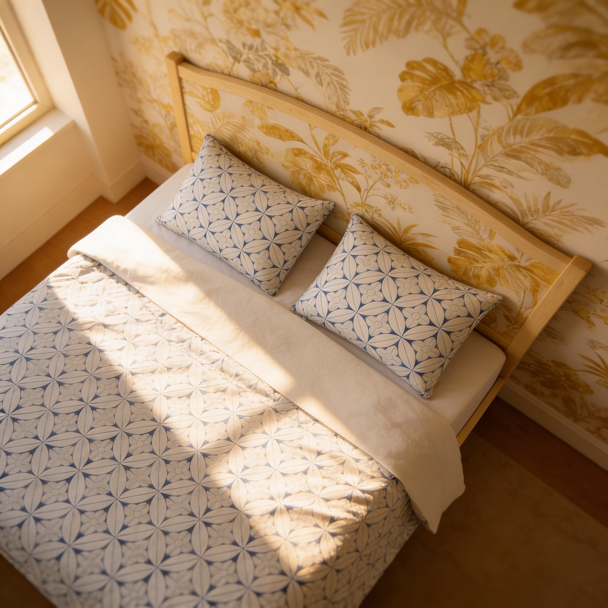 a neatly made bed with a white and blue patterned bedspread and matching pillows, set against a wall with a floral wallpaper.