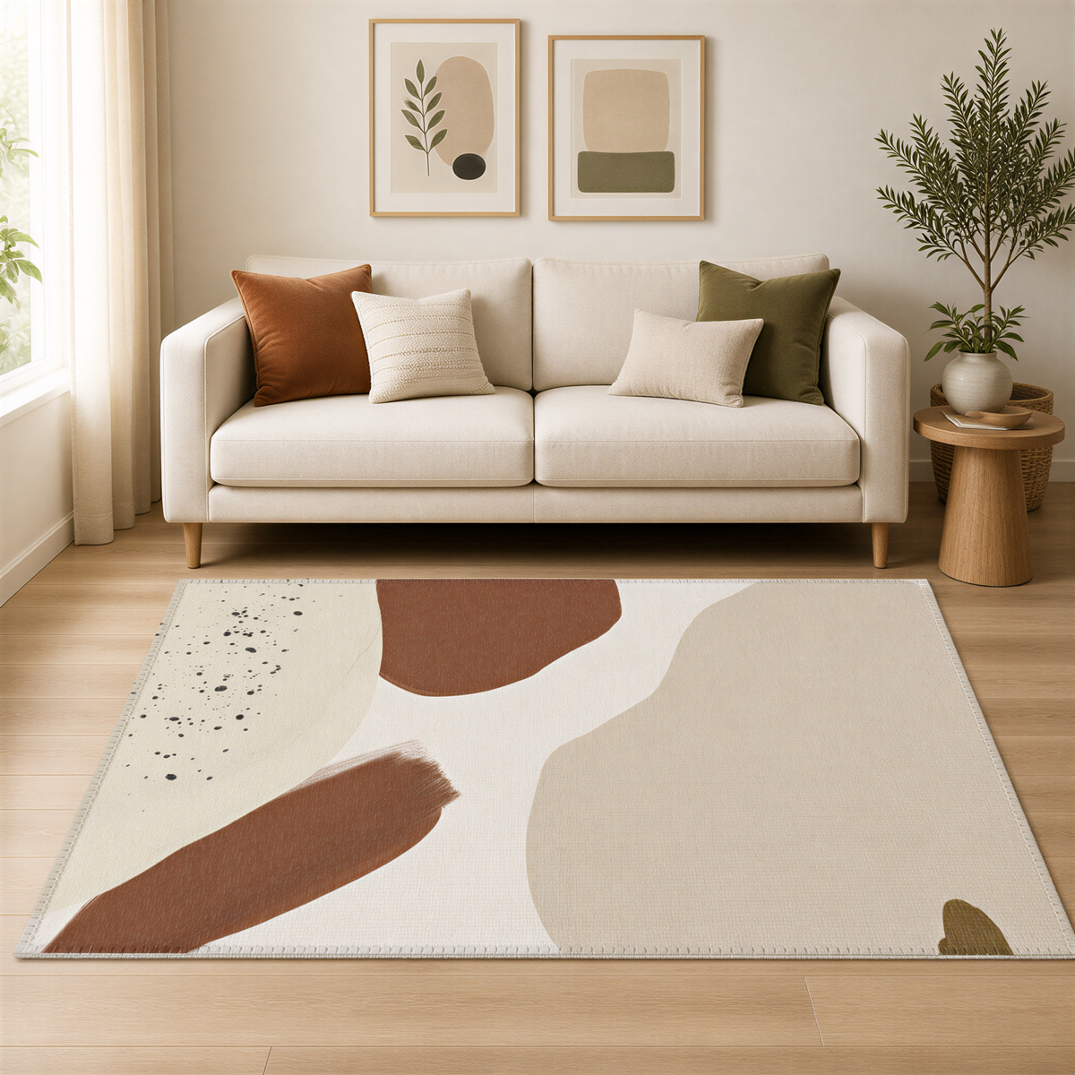 a living room with a white sofa, a rug with abstract designs, and two framed artworks on the wall.