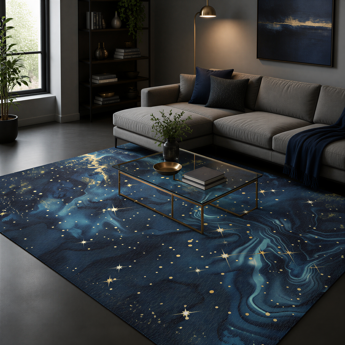 a modern living room with a gray sectional sofa, a glass coffee table, and a blue and gold starry rug on the floor.