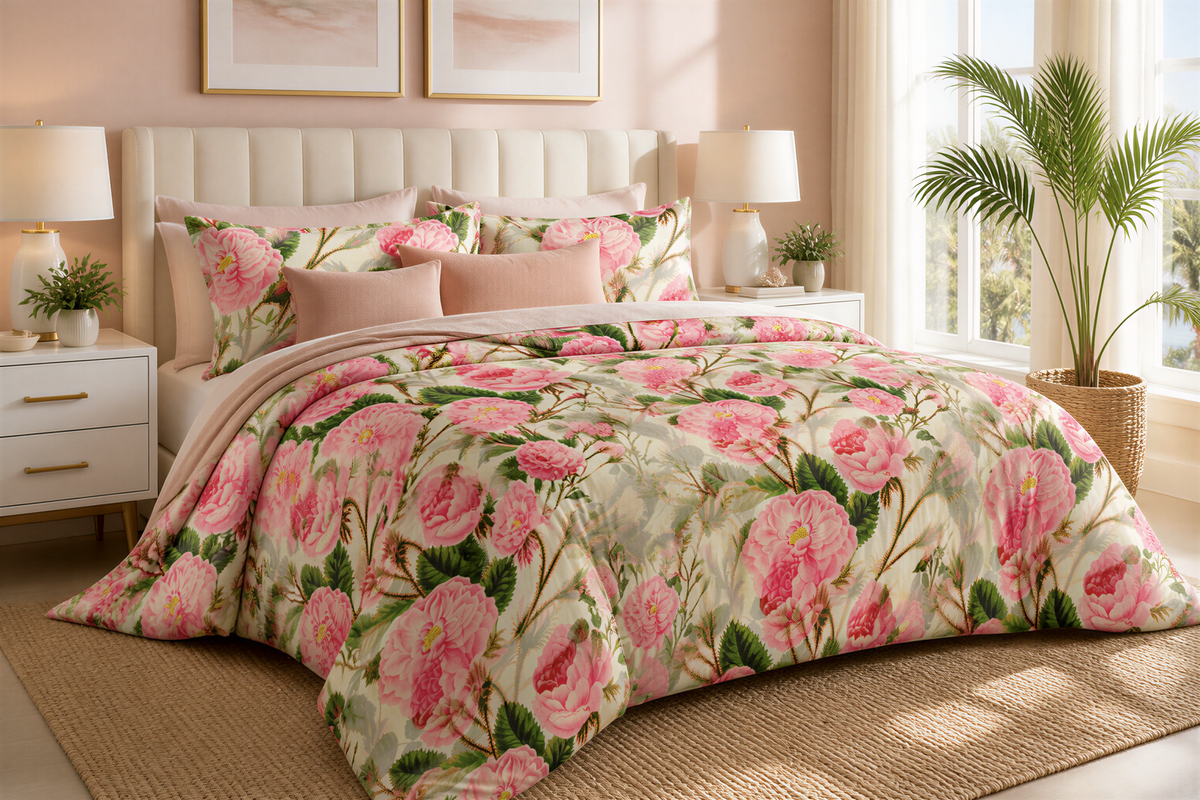 a bedroom with a large bed covered in a floral comforter and pillows. The bed is positioned against a wall with framed pictures above it. The room also features a window, a nightstand, and a potted plant.