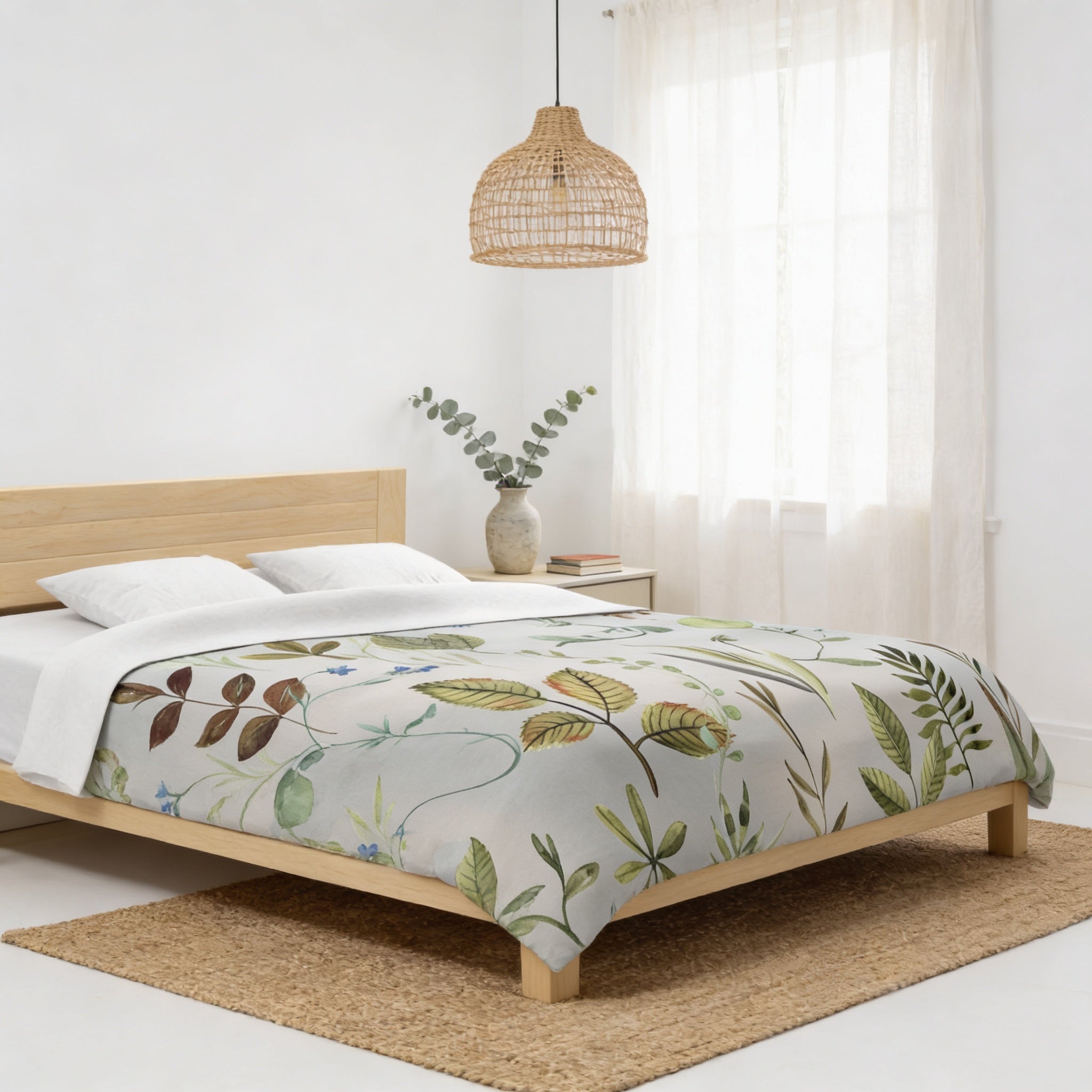 a serene and cozy bedroom with a large bed adorned with a gray and green leaf-patterned comforter. The bed is framed by a wooden headboard and footboard, and a woven pendant light hangs above it. The room features a window with white curtains, allowing natural light to fill the space. A vase of greenery and a rug contribute to the overall warm and inviting atmosphere of the room.