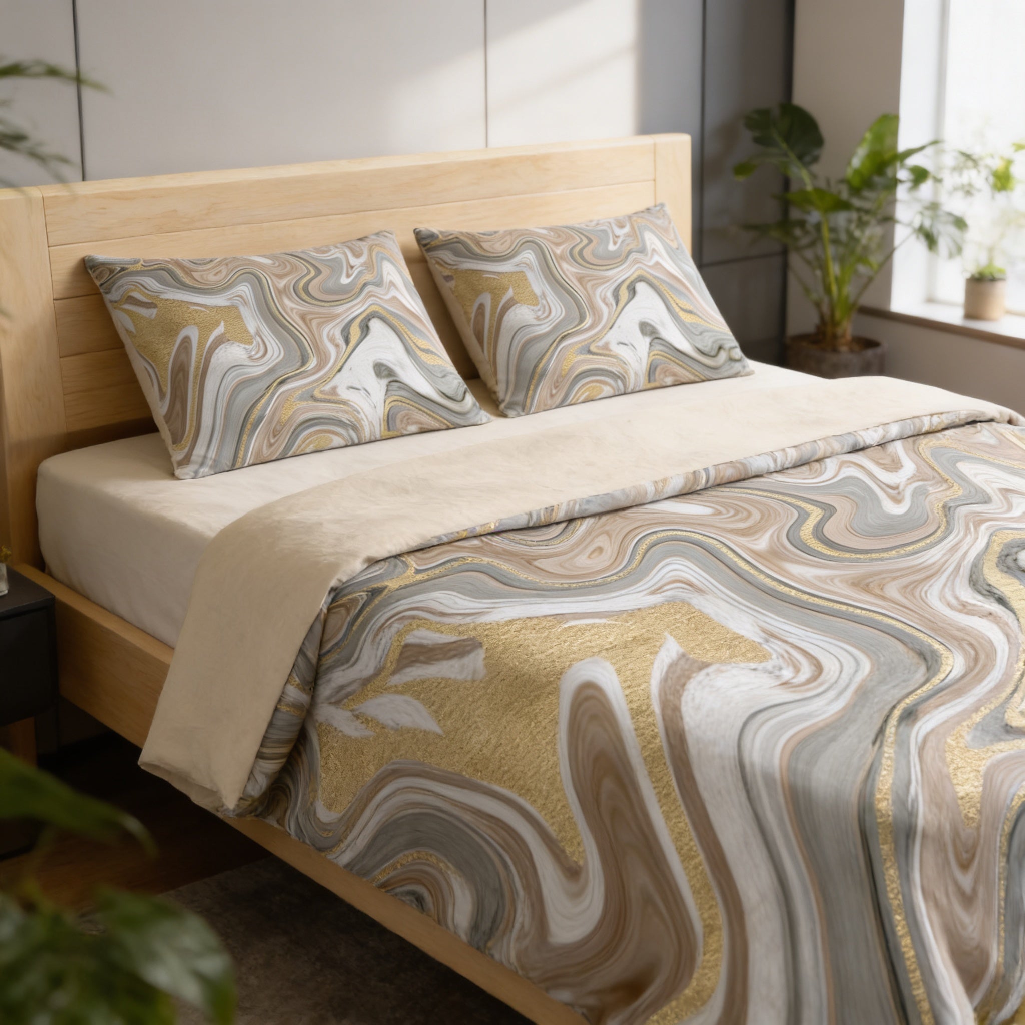 a bedroom with a bed featuring a marble-patterned comforter and pillows. The bed is positioned against a wall with a window, and there are some plants in the room.