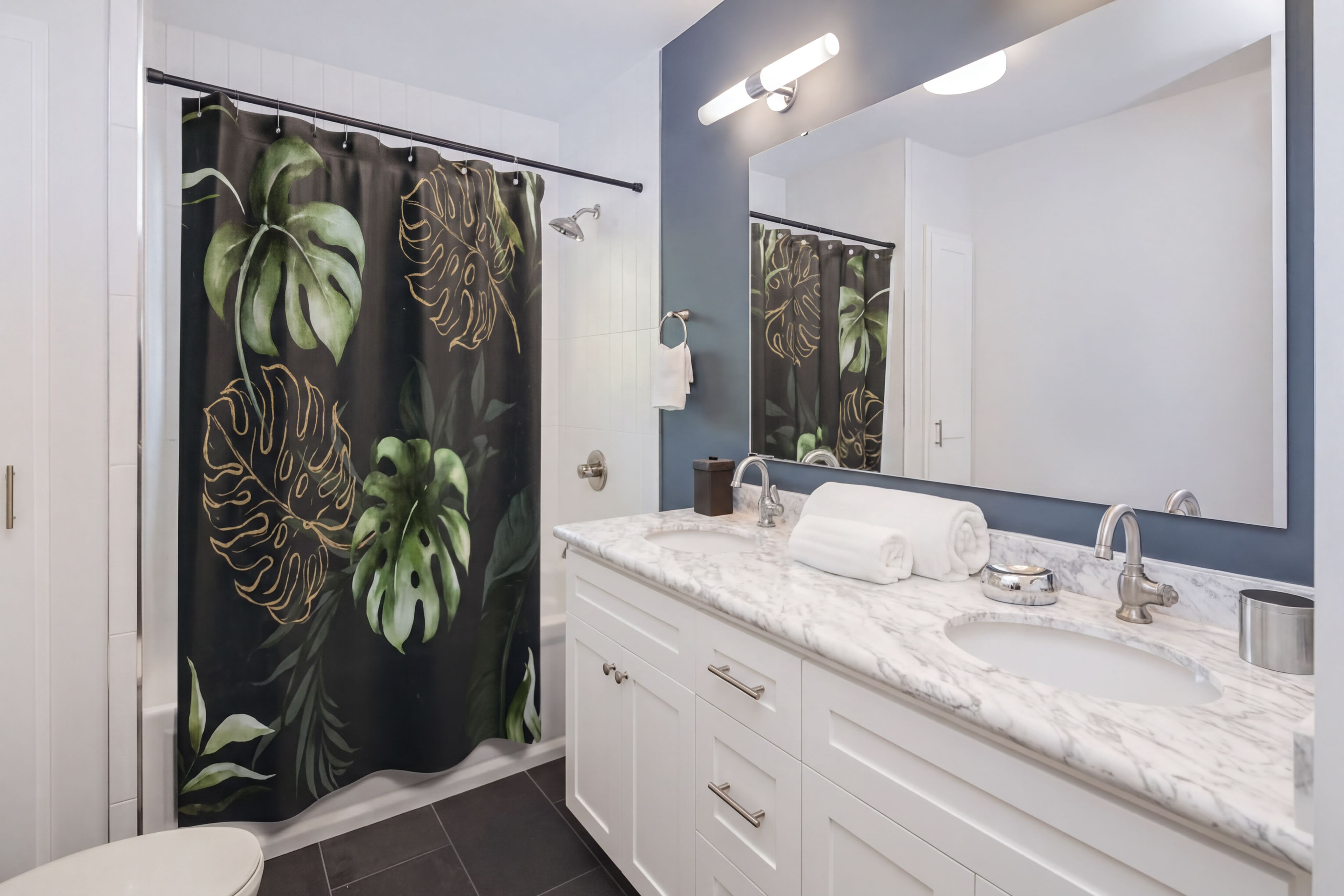 Floral Shower Curtain Green Gold Monstera