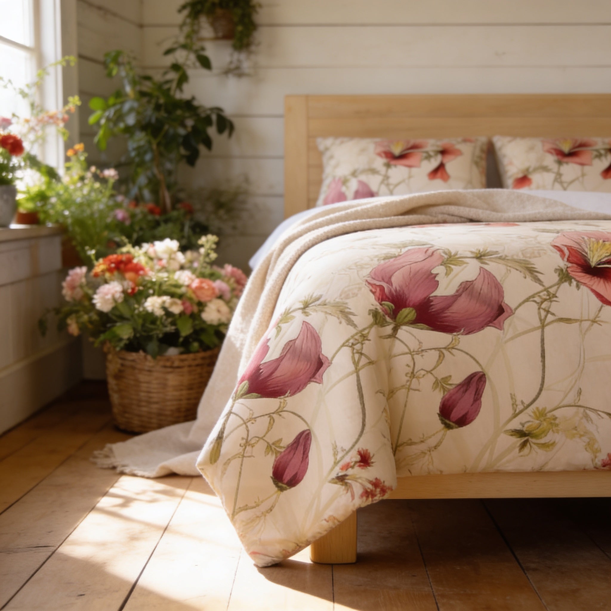 a cozy bedroom with a floral bedspread, a wooden headboard, and a basket of flowers on the floor.
