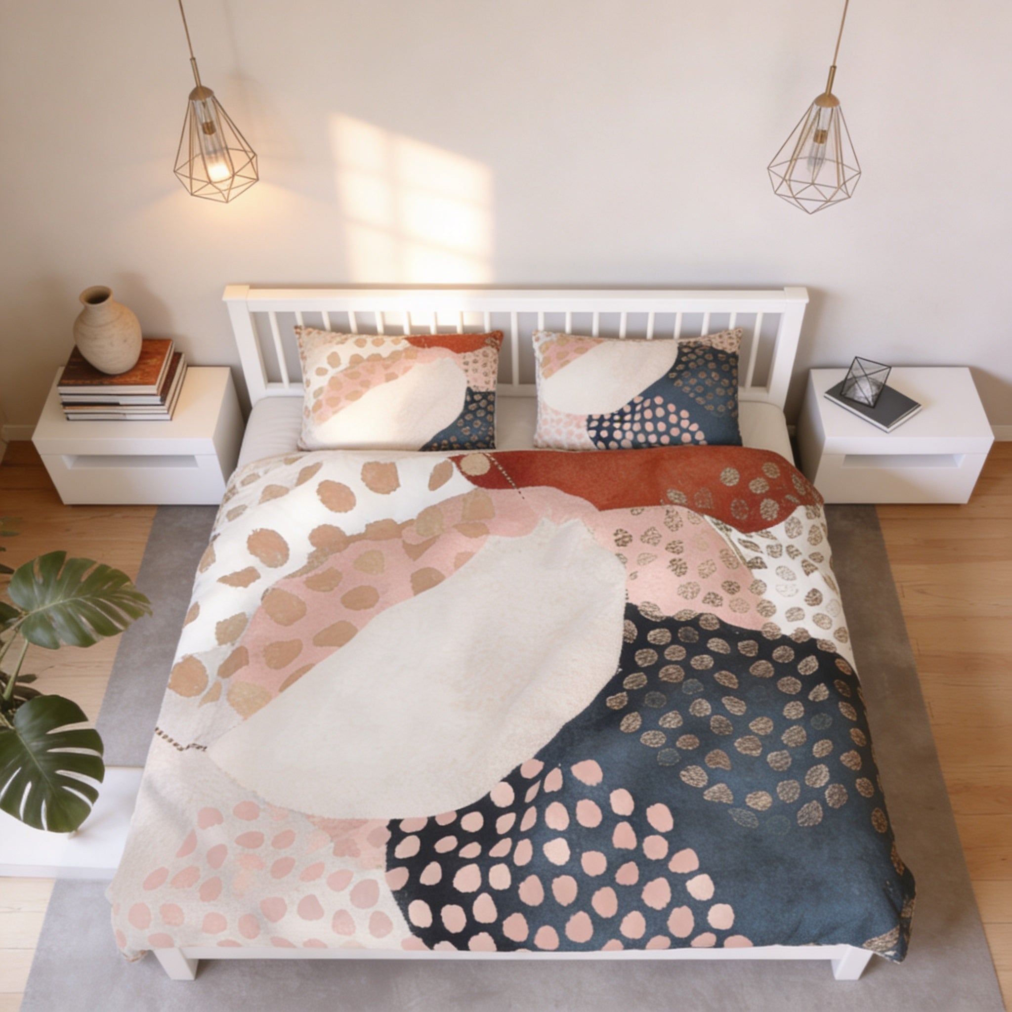 a bedroom with a white bed frame and a colorful, abstract-patterned comforter. The bed is positioned against a white wall, with two pendant lights hanging above it. There are also two nightstands on either side of the bed, each with a stack of books and a small plant.