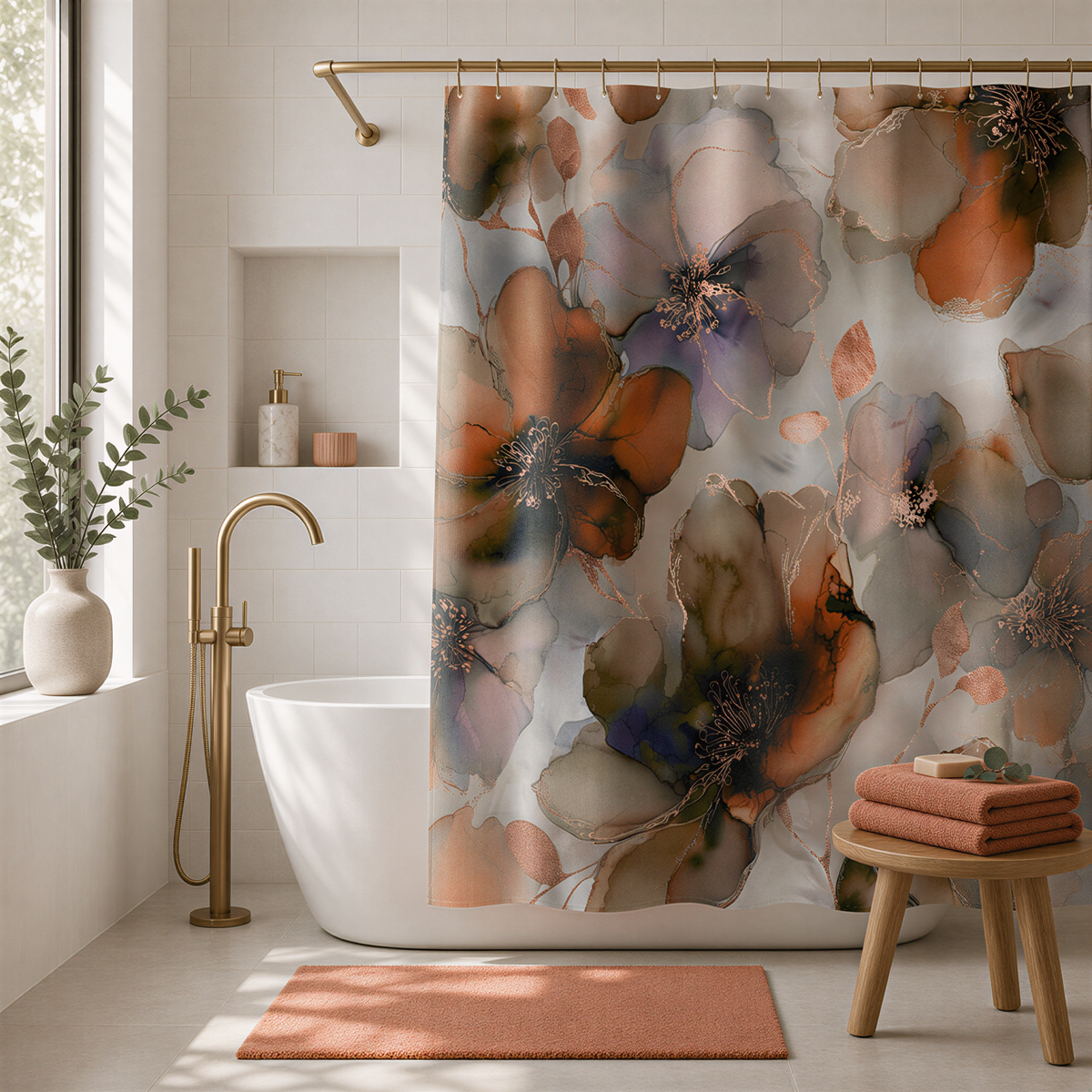 Rust orange and lavender watercolor floral shower curtain hanging over a white freestanding tub in a bright boho bathroom