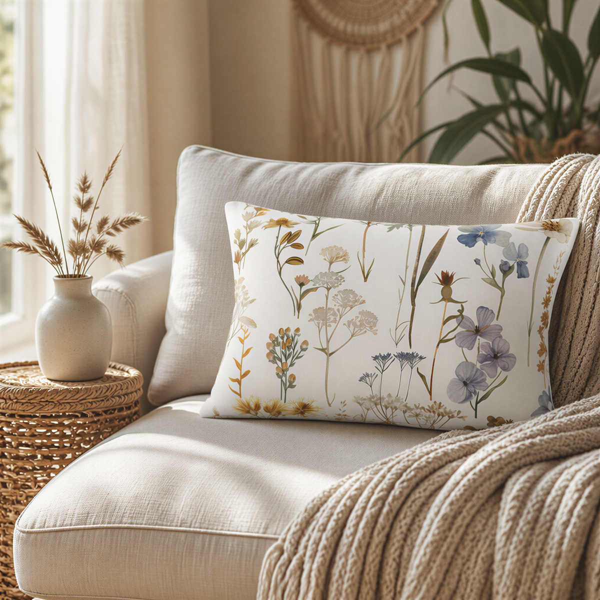 a cozy living room with a beige sofa, a white pillow with a floral print, and a woven side table with a vase of dried flowers.