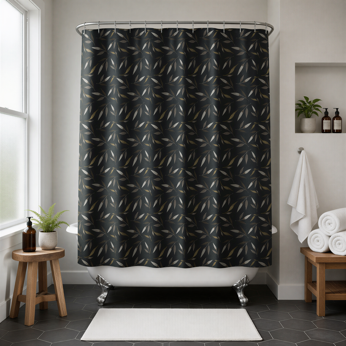 a bathroom with a white bathtub, a black and gold patterned shower curtain, a wooden stool, and a small table with a plant.