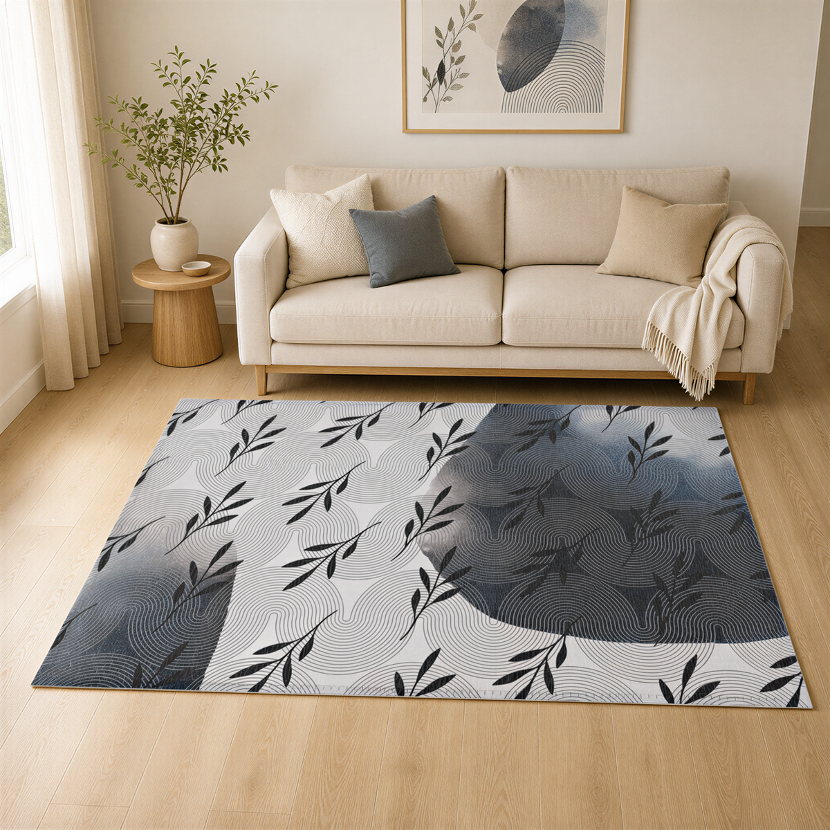 a living room with a beige sofa, a large rug with a leafy pattern, and a potted plant. The room has a minimalist and modern design, with a large window providing natural light.