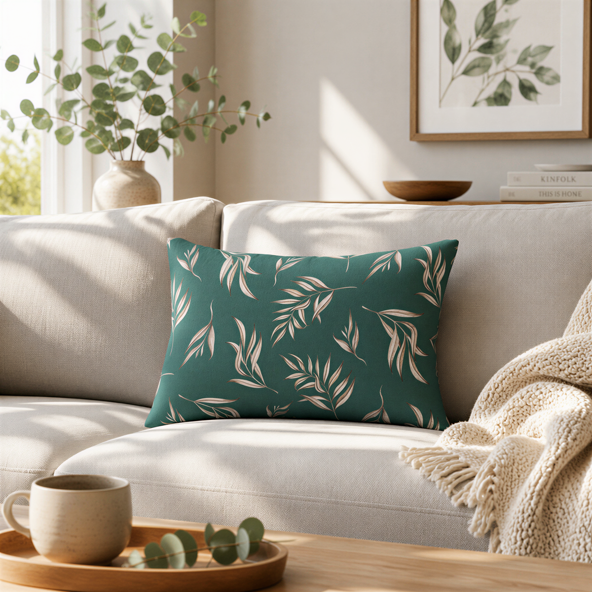 a cozy living room with a white sofa, a green throw pillow with a leaf pattern, and a wooden coffee table with a mug and a plant.