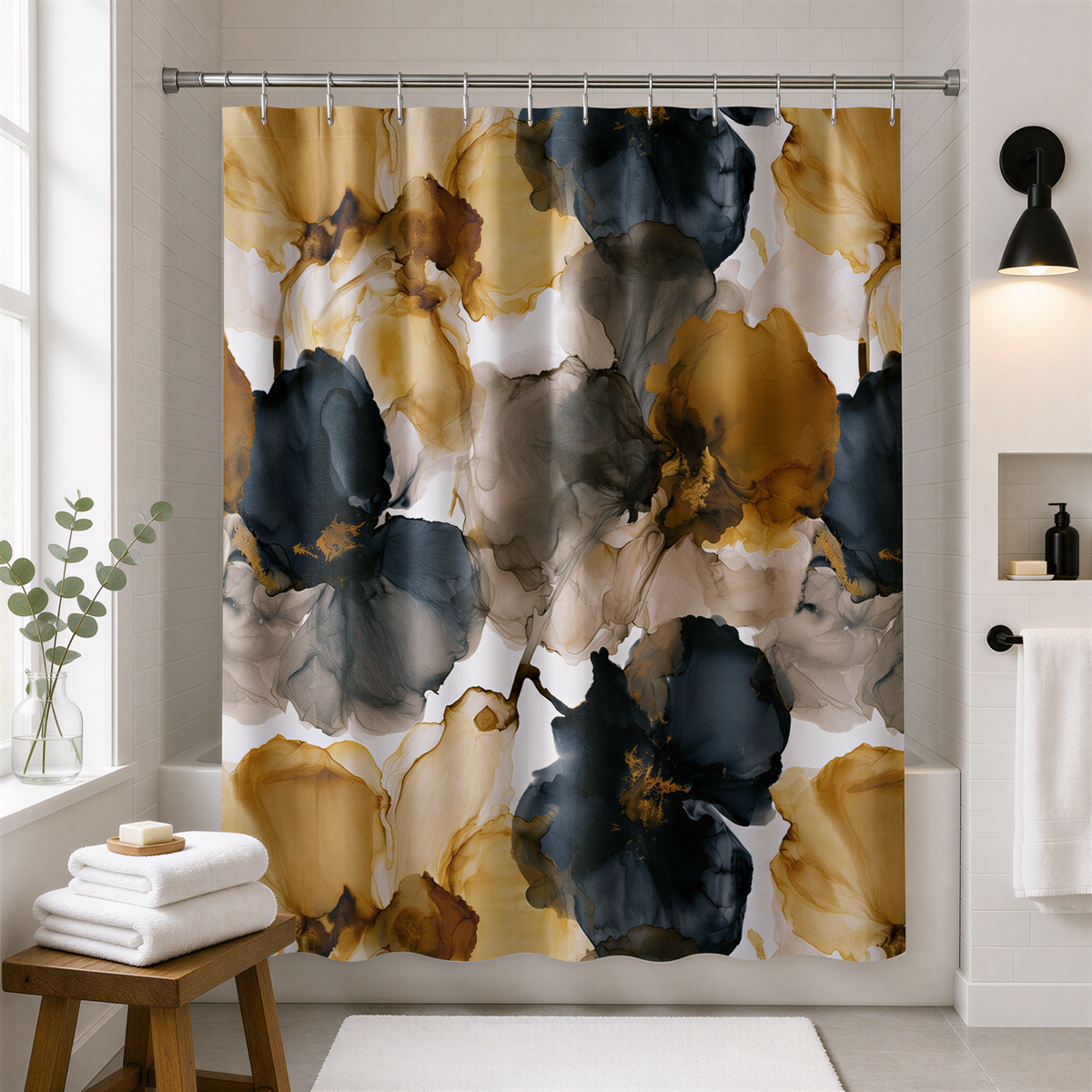 a bathroom with a shower curtain adorned with a vibrant floral pattern in shades of yellow, black, and brown. The shower curtain is hanging from a rod, and there is a wooden stool in the foreground.