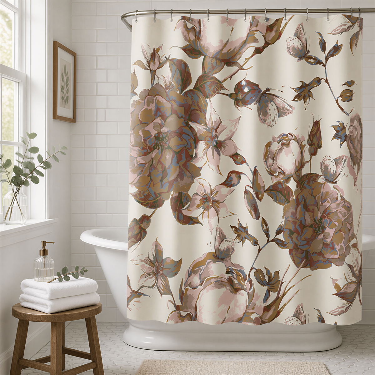 a bathroom with a floral patterned shower curtain, a white bathtub, and a wooden stool.