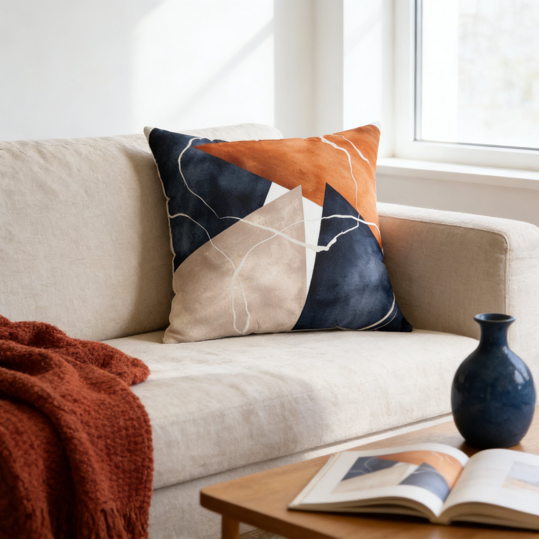 a cozy living room with a beige sofa, a blue vase, and a red blanket. There is a book on the coffee table in front of the sofa, and the room is illuminated by natural light coming through a window.