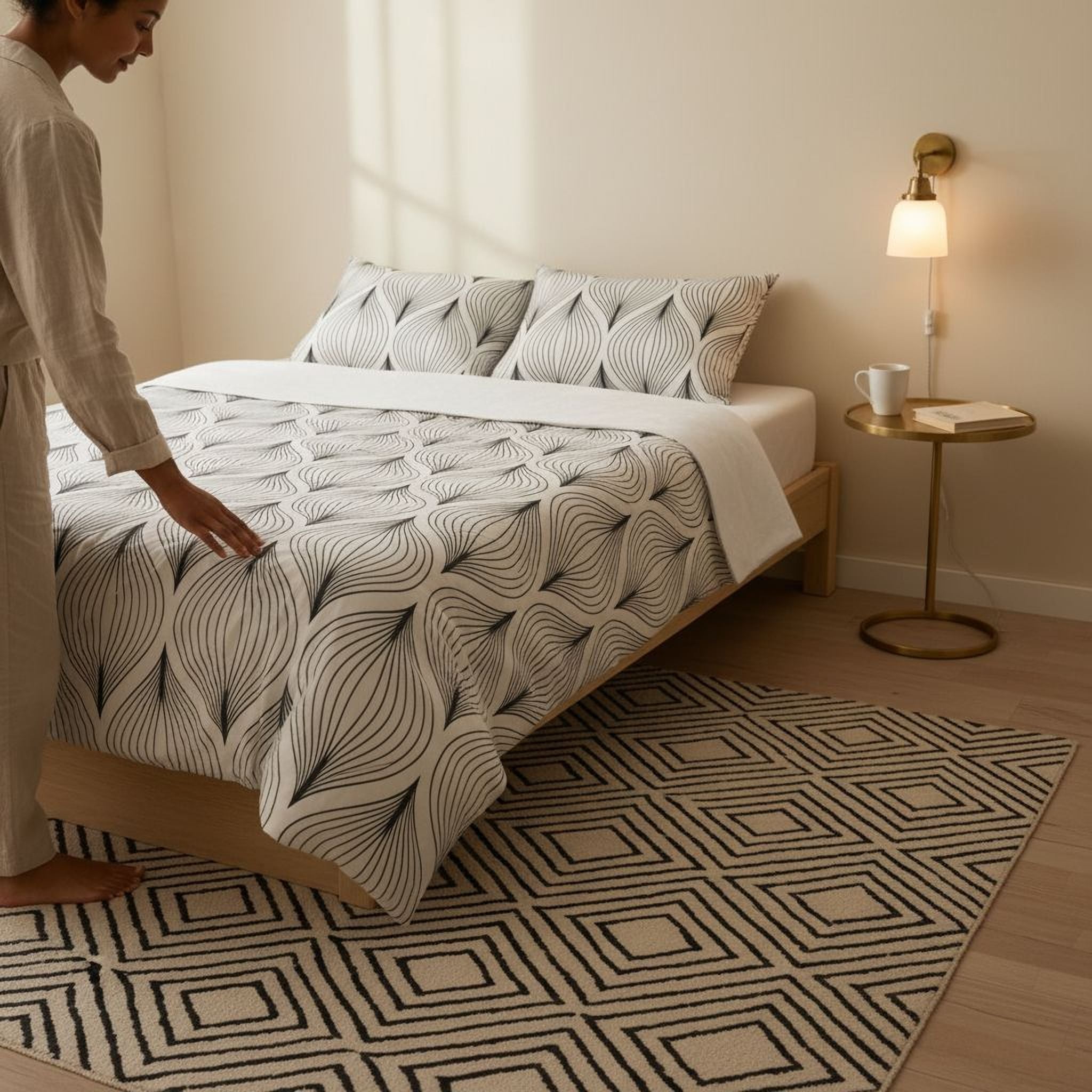 A person is standing in a bedroom, reaching out to touch a patterned comforter on a bed with a geometric design.