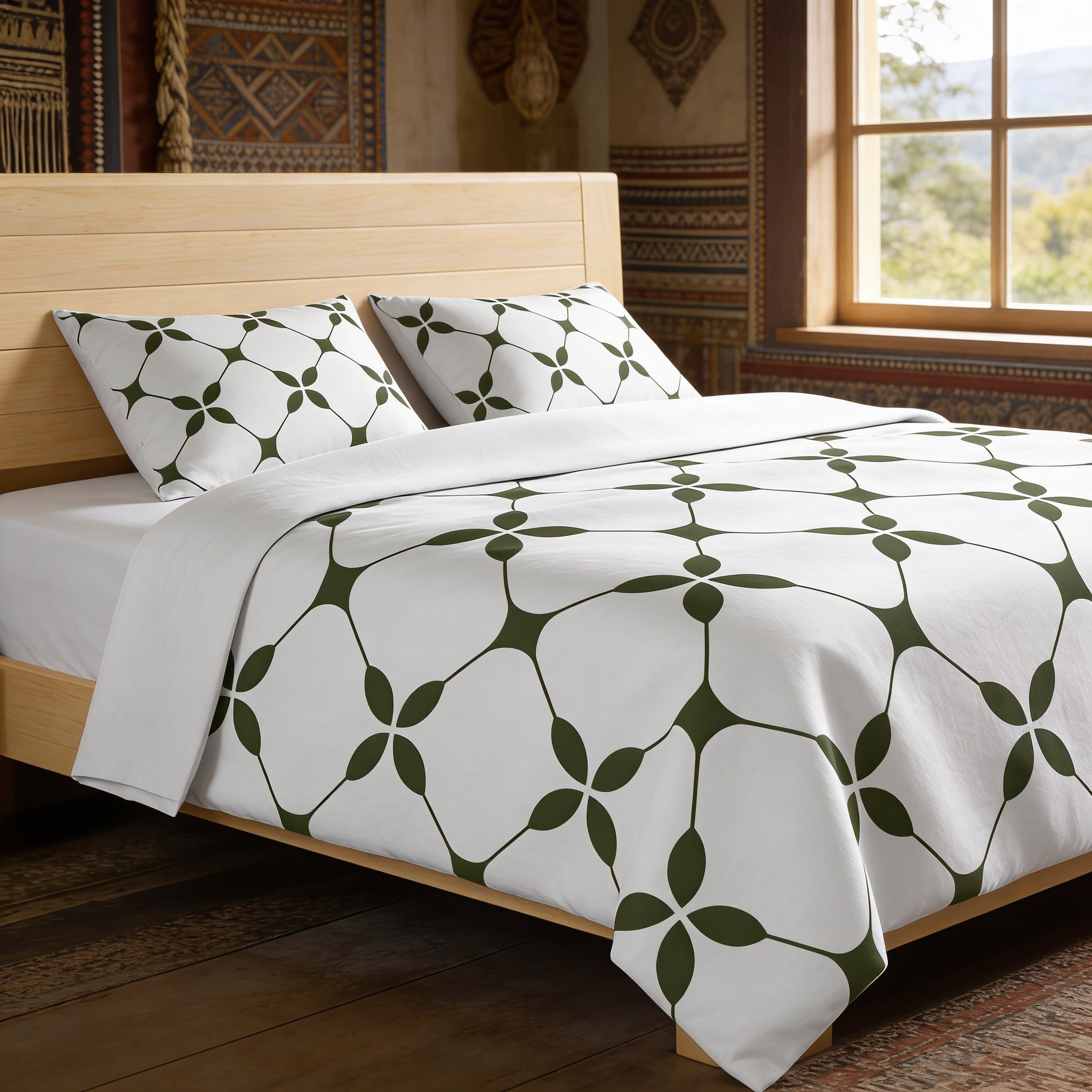 a neatly made bed with a white and green patterned comforter and pillows, set against a wooden headboard and a window with a view of the outdoors.