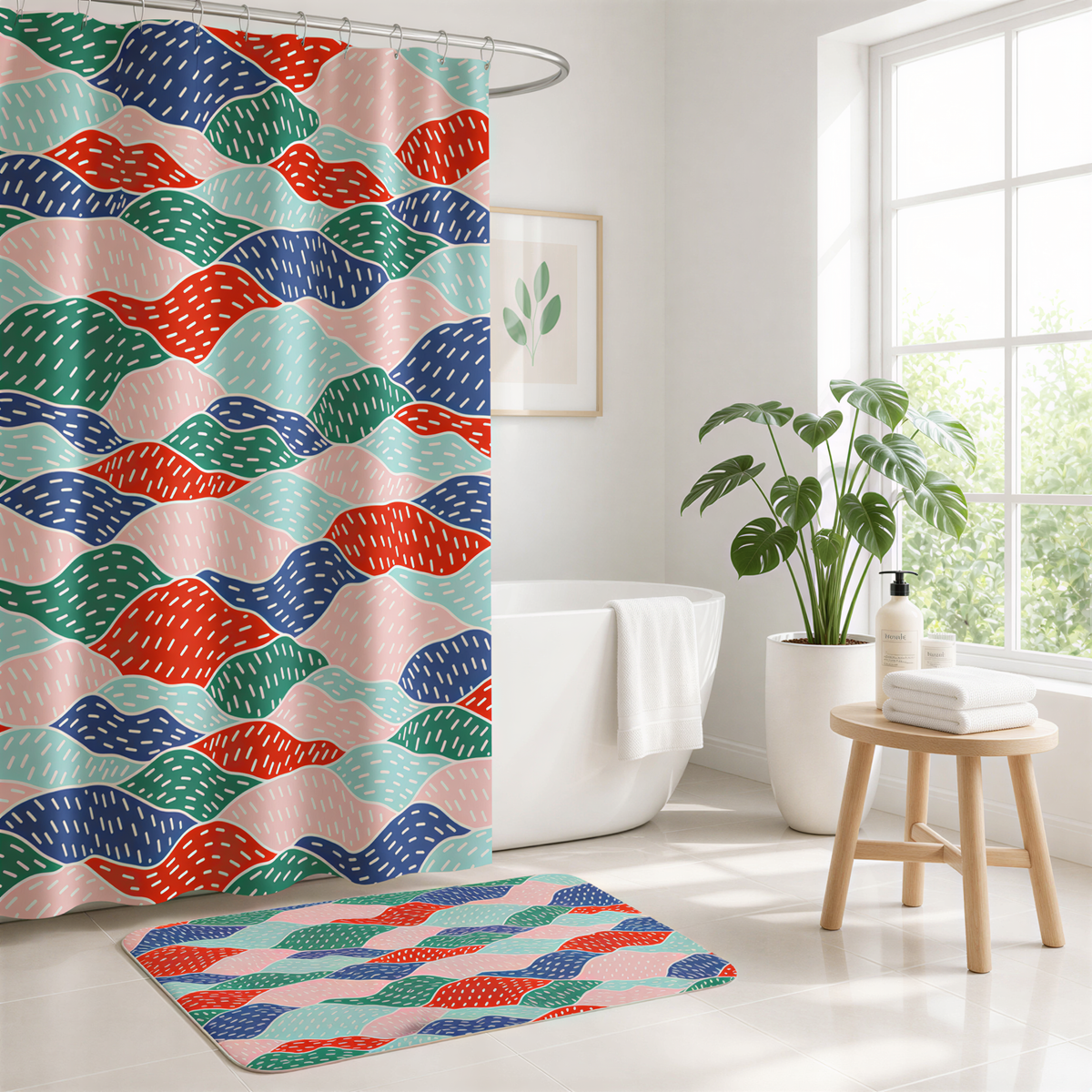a bathroom with a colorful patterned shower curtain, a white bathtub, a wooden stool, and a potted plant.