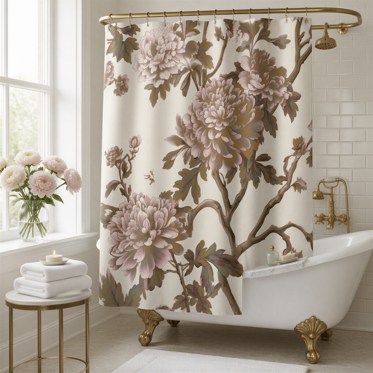 A bathroom with a white bathtub, a floral shower curtain, and a vase of flowers on a windowsill.