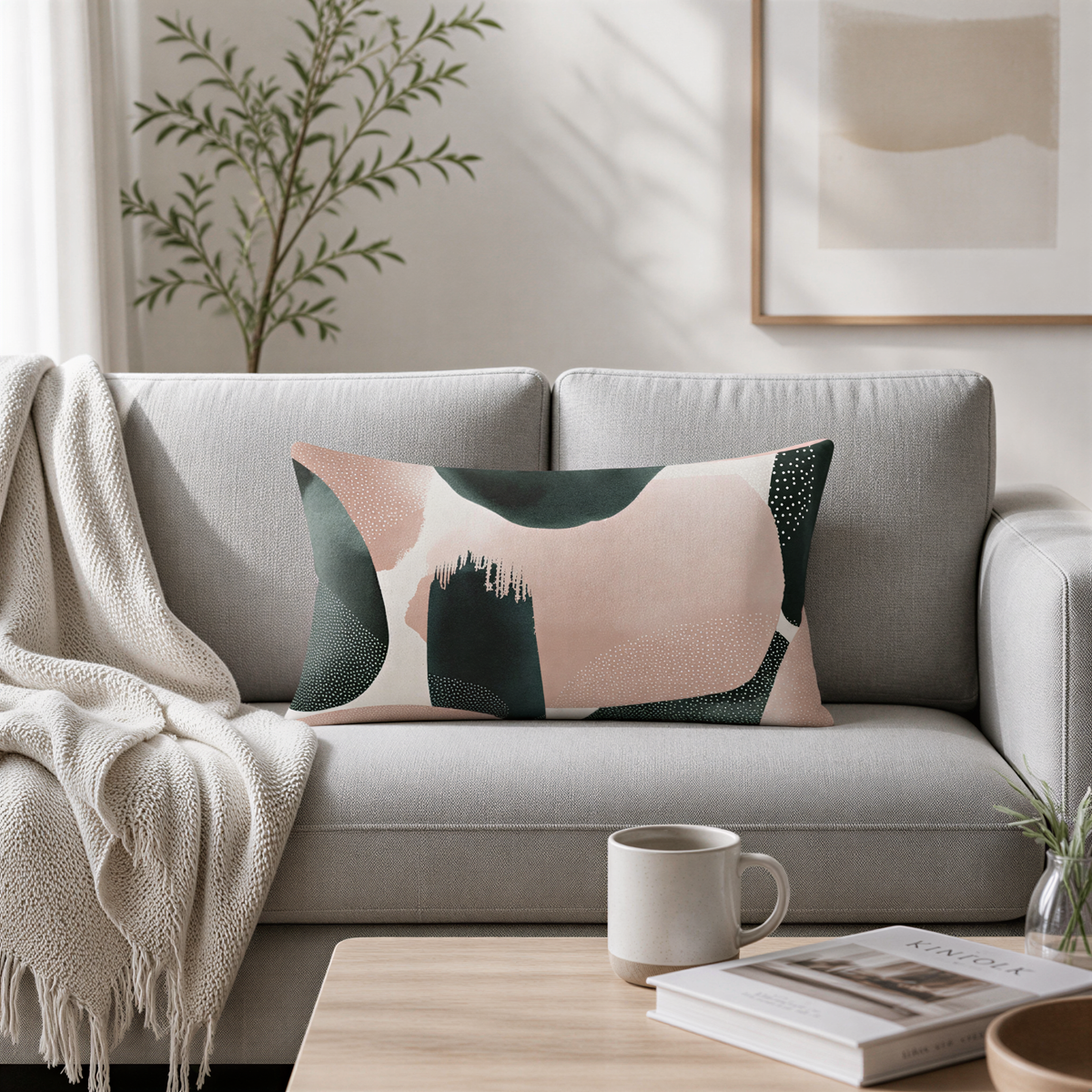 a cozy living room with a gray sofa adorned with a colorful abstract pillow. A coffee table in front of the sofa holds a mug and a book, creating a comfortable and inviting atmosphere. A plant and a framed picture on the wall add to the room's aesthetic appeal.