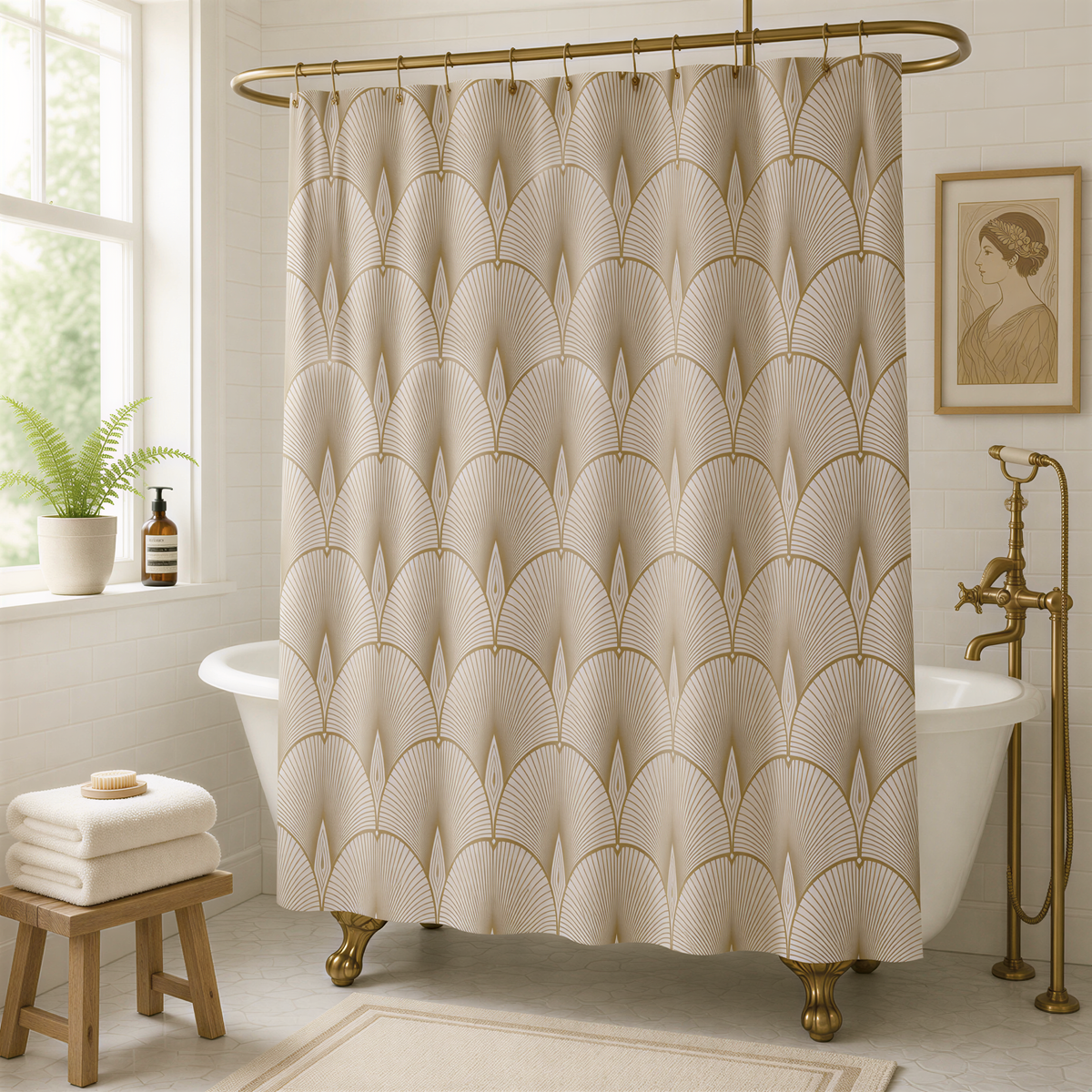 a bathroom with a white bathtub, a shower curtain with a repeating gold and white pattern, and a framed portrait on the wall.