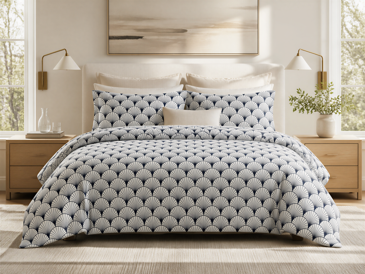 a bedroom with a large bed featuring a blue and white patterned comforter and pillows. The bed is positioned in front of a window, and there are two nightstands on either side of the bed. The room has a minimalist and modern design, with a neutral color palette and a large painting hanging on the wall above the bed.