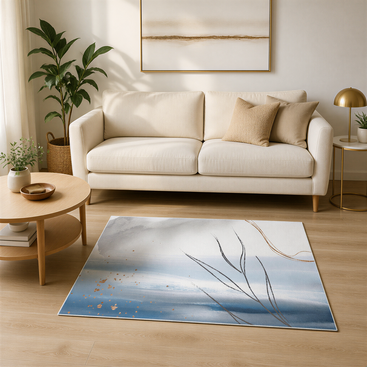 a cozy living room with a white sofa, a coffee table, and a rug with a blue and white abstract design. The room is decorated with potted plants, a painting on the wall, and a lamp on a side table.