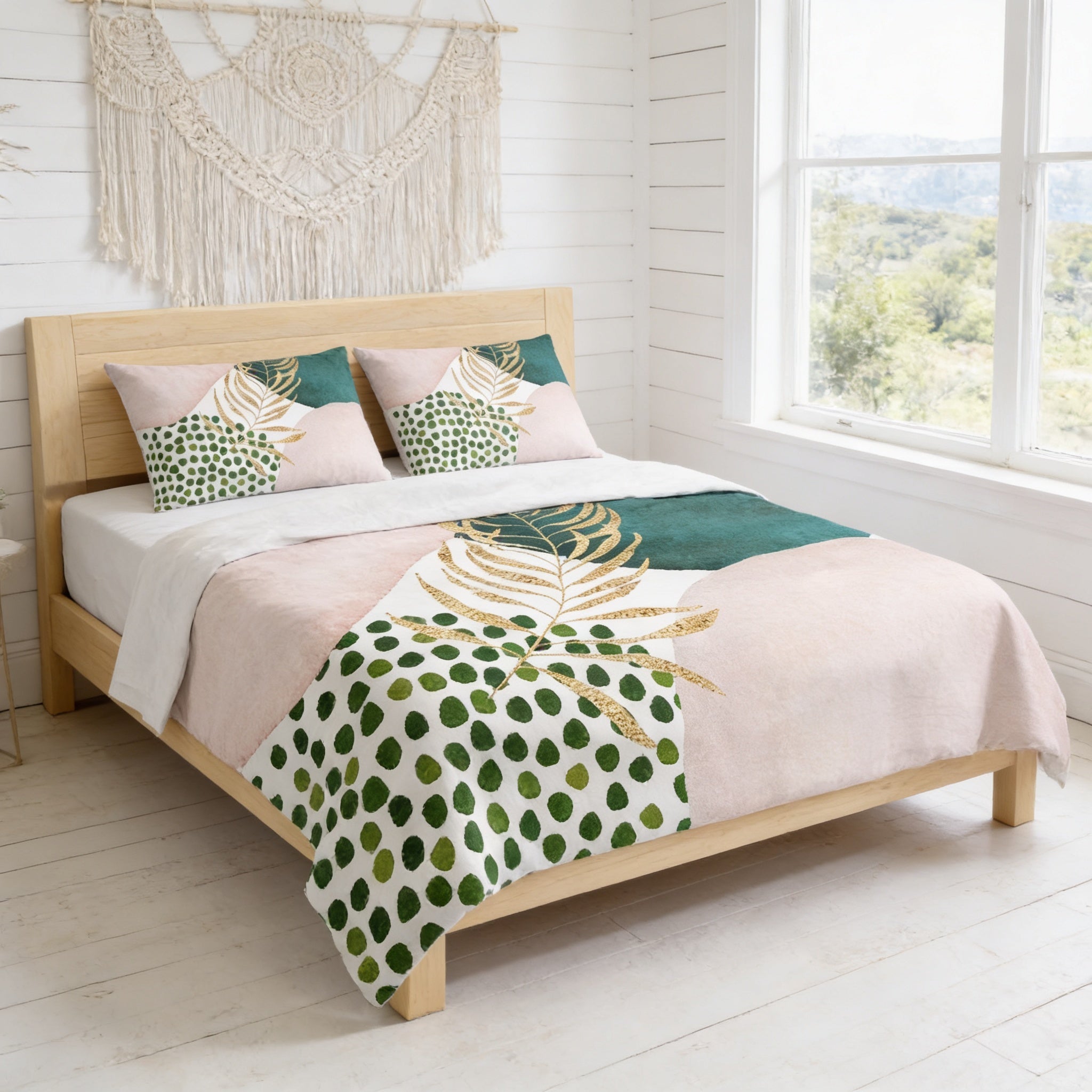 a bedroom with a bed featuring a colorful, patterned comforter and pillows. The bed is positioned against a wall with a window, allowing natural light to enter the room. The overall decor has a bohemian and tropical theme, with a mix of green and white colors.