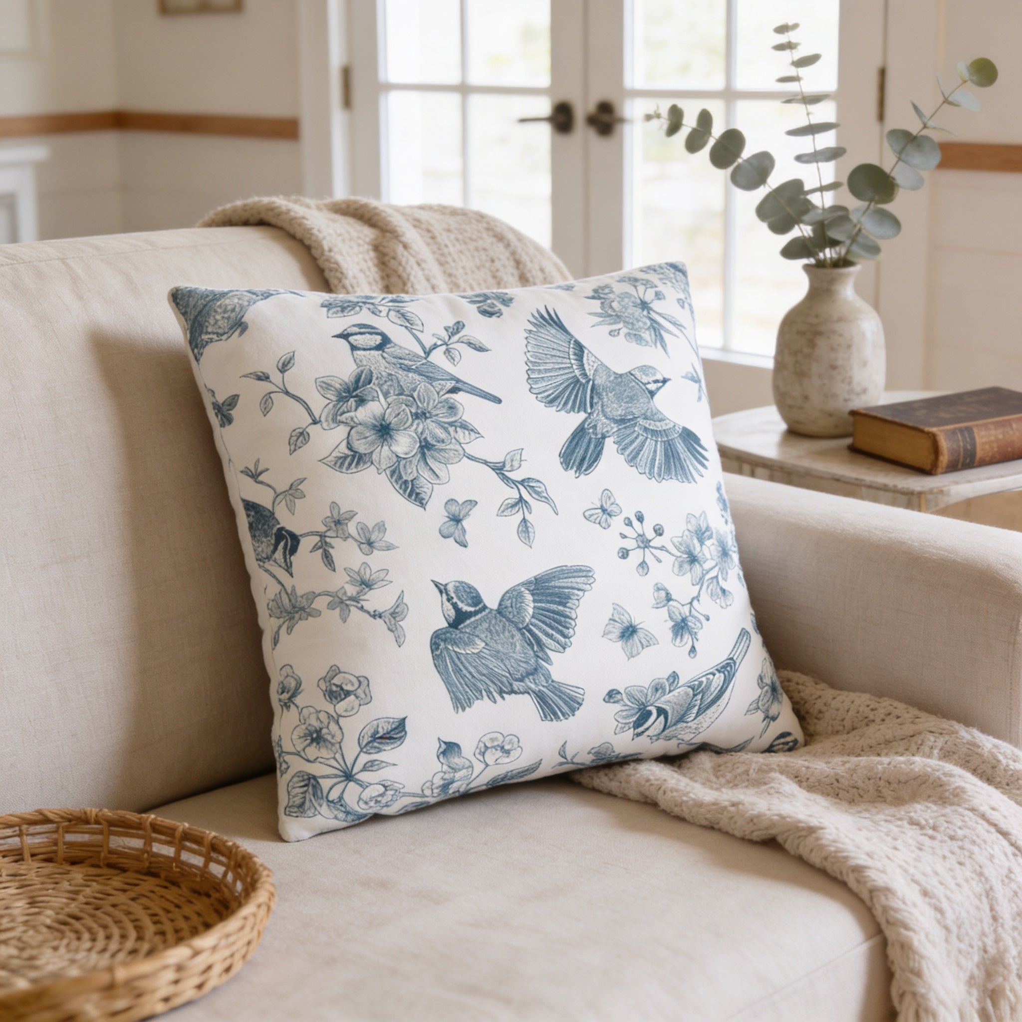 a cozy living room with a beige sofa adorned with a blue and white floral throw pillow. A woven basket and a vase of greenery are also present in the room, adding to the warm and inviting atmosphere.
