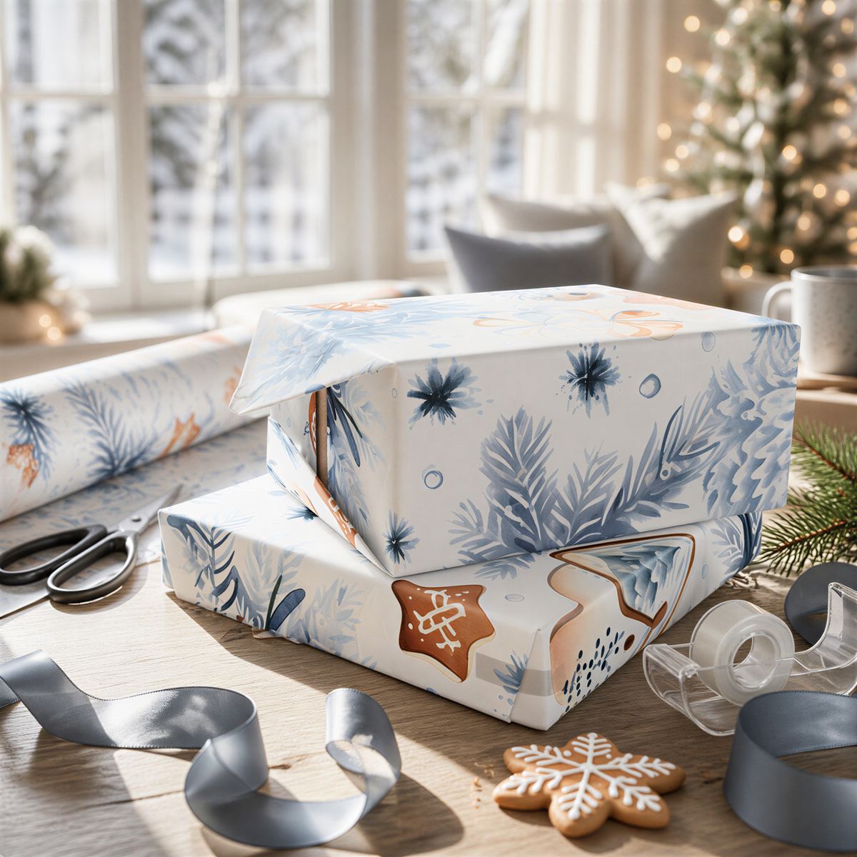 a cozy Christmas scene with a decorated Christmas tree, wrapped gifts, and festive decorations.