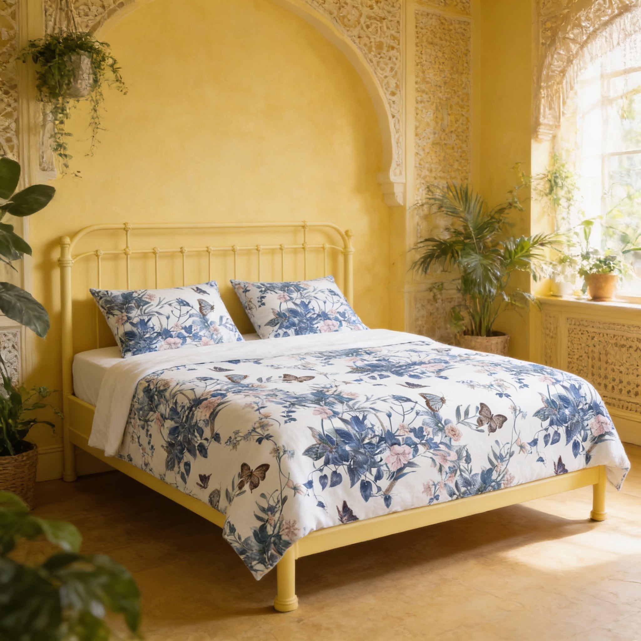a cozy bedroom with a yellow metal bed frame, a floral comforter, and a yellow headboard. The room is decorated with potted plants and features a window with a white curtain.
