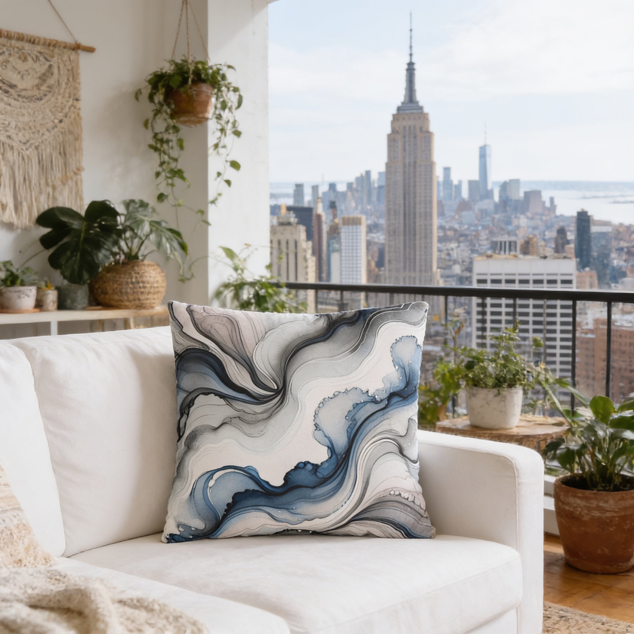 a white couch with a decorative pillow on it, overlooking a cityscape with the Empire State Building in the background. The city appears to be New York City, with various buildings visible. The room also contains potted plants and other decorative elements, creating a cozy and inviting atmosphere.