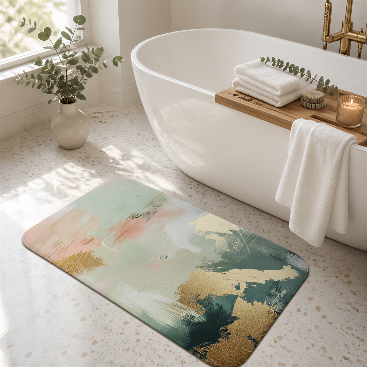 a bathroom with a white bathtub, a colorful abstract rug, and a vase of greenery on the floor.