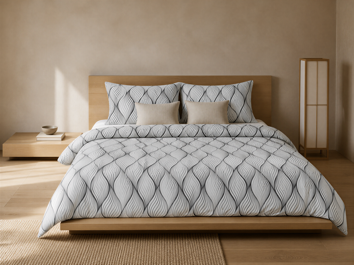 a modern bedroom with a large bed featuring a gray and white patterned comforter and matching pillows. The bed is positioned against a light-colored wall, and there is a nightstand and a lamp nearby. The overall design and color scheme of the room create a serene and inviting atmosphere.