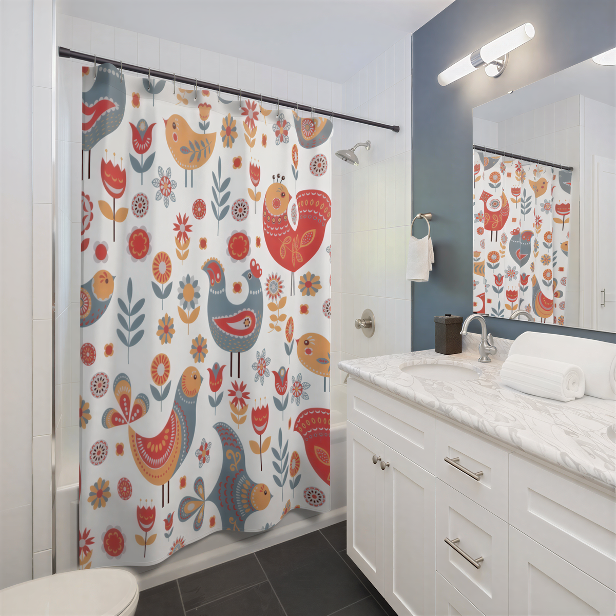 Christmas Shower Curtain White Gray Red Nordic Folk Birds hanging in a bathroom