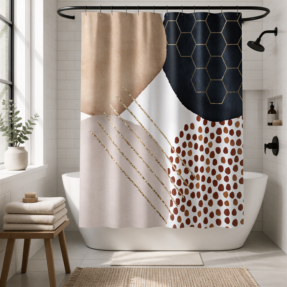 a bathroom with a shower curtain that has a geometric pattern in black, white, and brown colors. The shower curtain is hanging from a rod above a white bathtub. There is a wooden stool next to the bathtub, and a potted plant is placed on the windowsill.