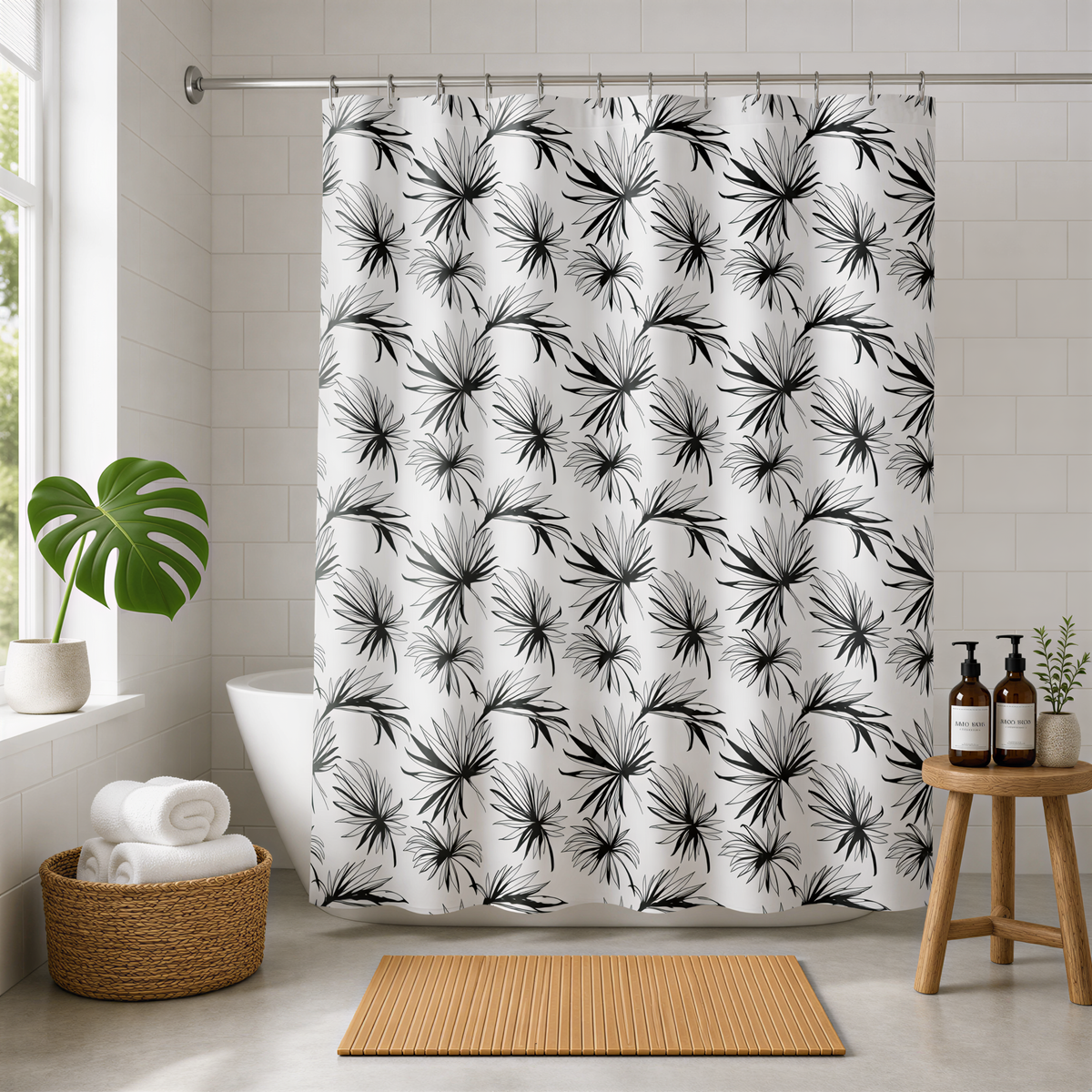 a bathroom with a shower curtain adorned with a black and white floral pattern, a woven basket with rolled towels, a small table with bottles, a potted plant, and a wooden mat on the floor.
