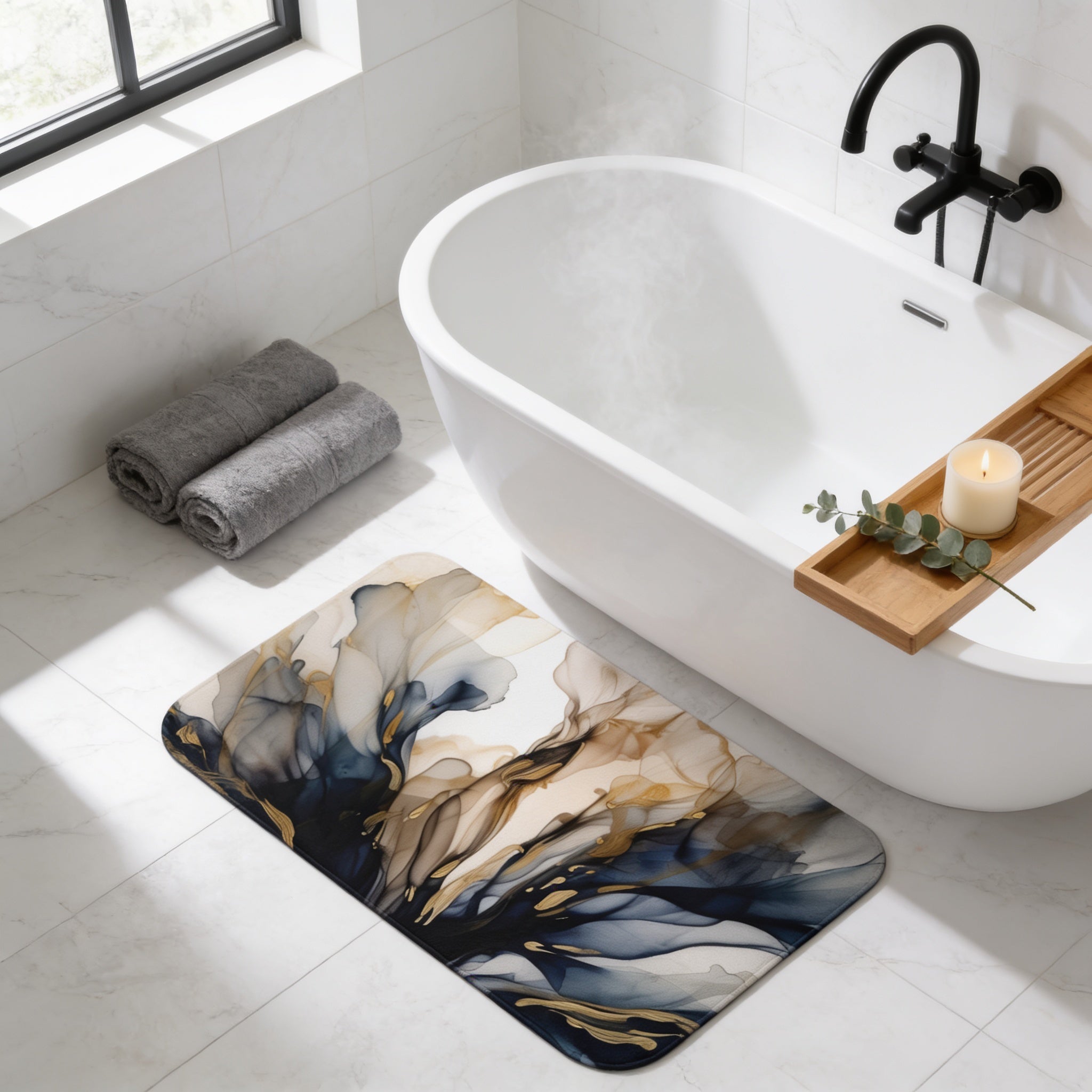a modern bathroom with a white freestanding bathtub, a marble-like bath mat, and a wooden tray with a candle.