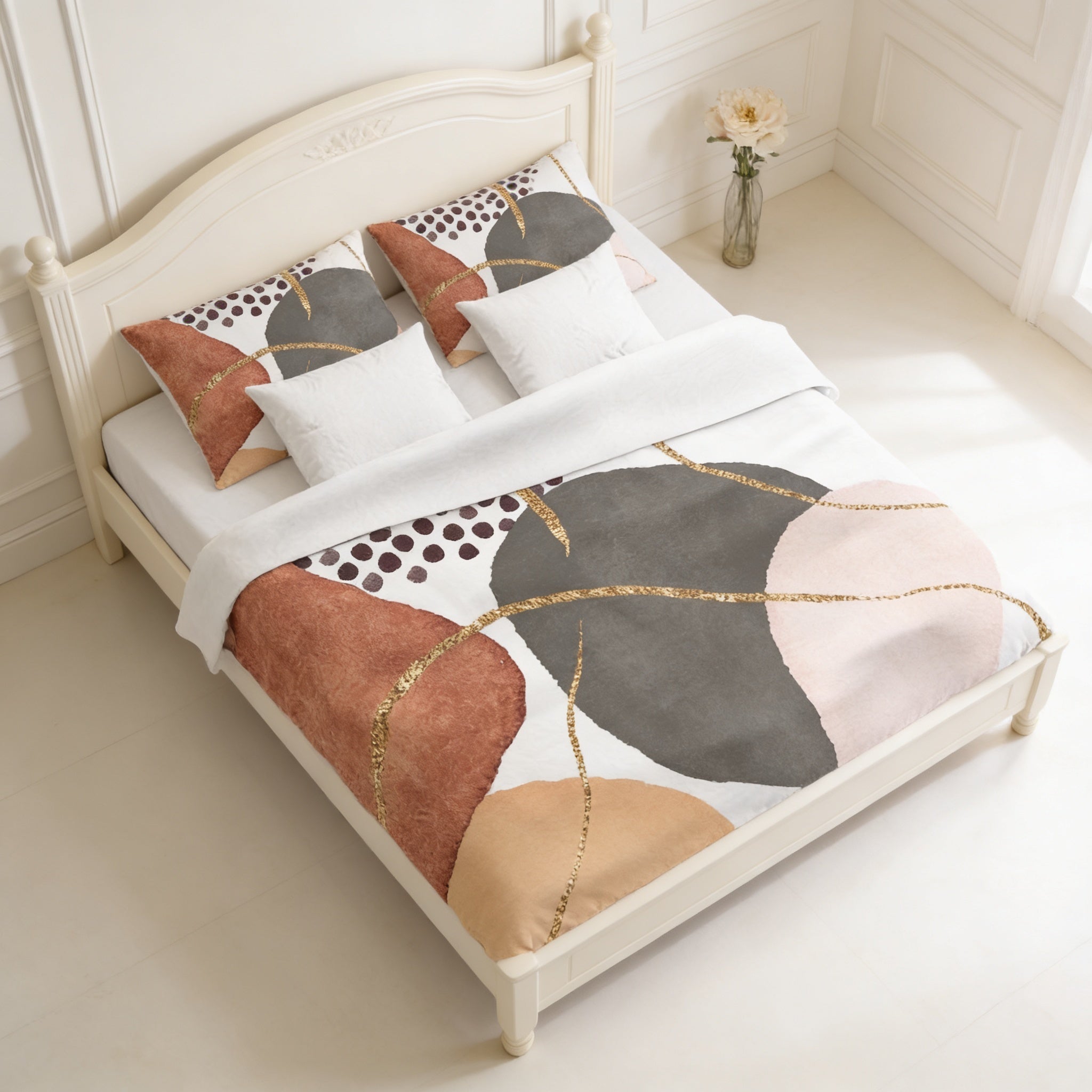 a bedroom with a white bed frame and a colorful abstract patterned bedding set.